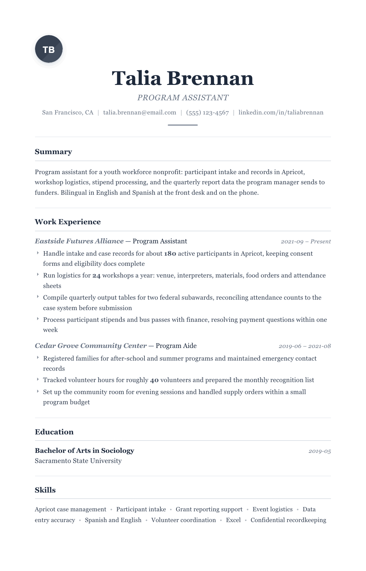 Program Assistant resume example, Classic template