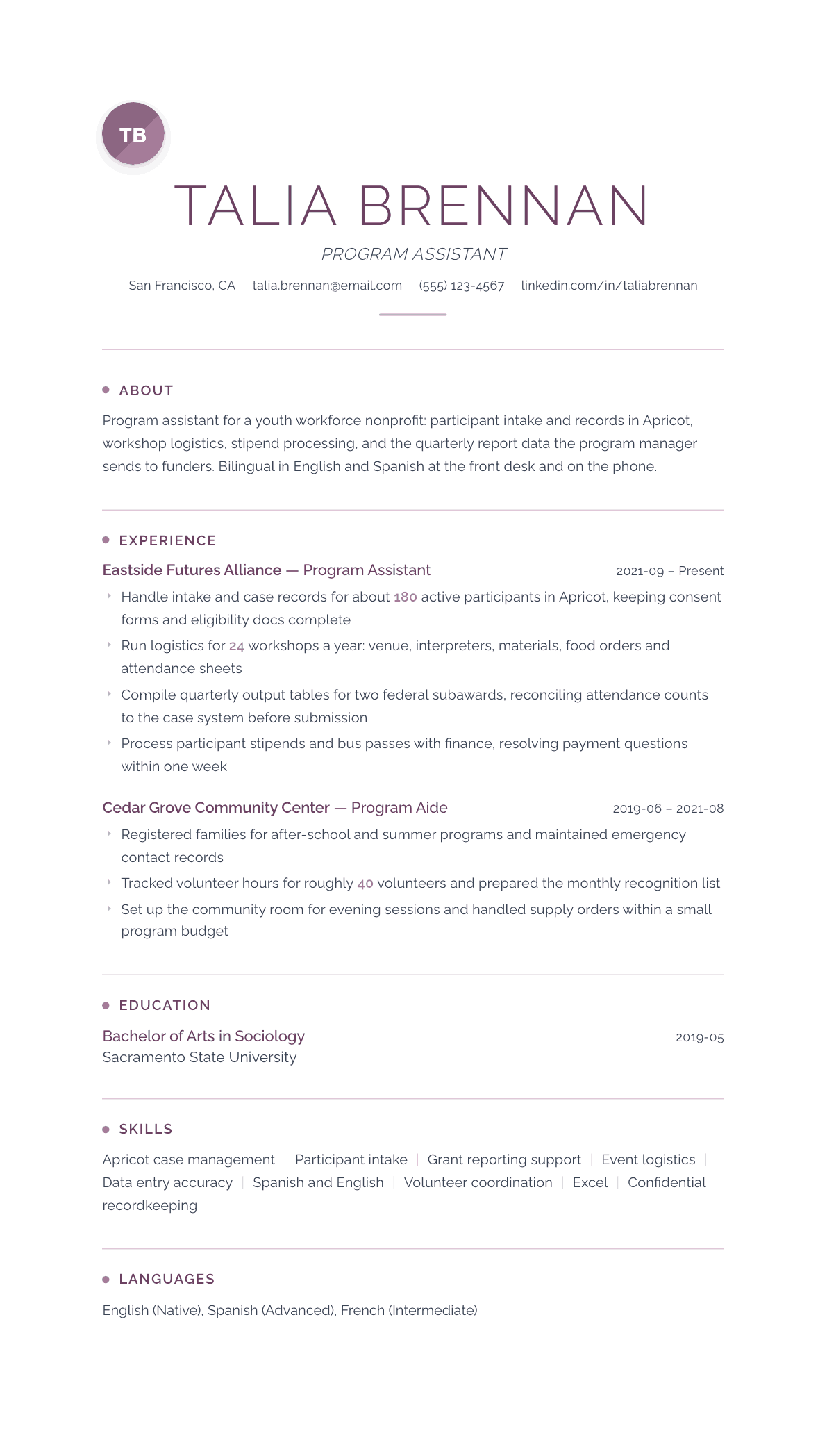 Program Assistant resume example, Serenity template