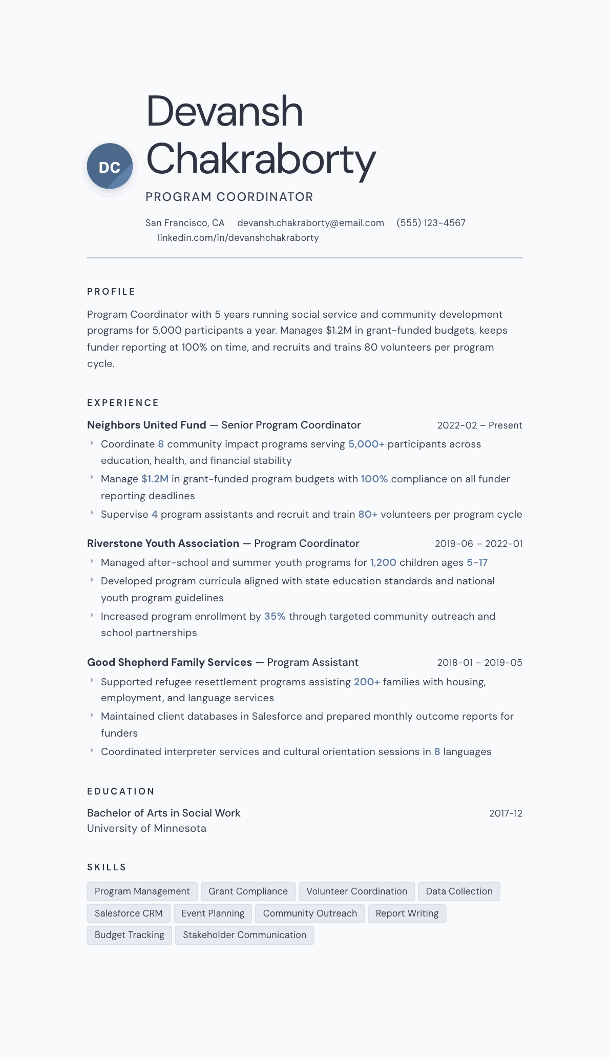 Program Coordinator resume example, Nordic template