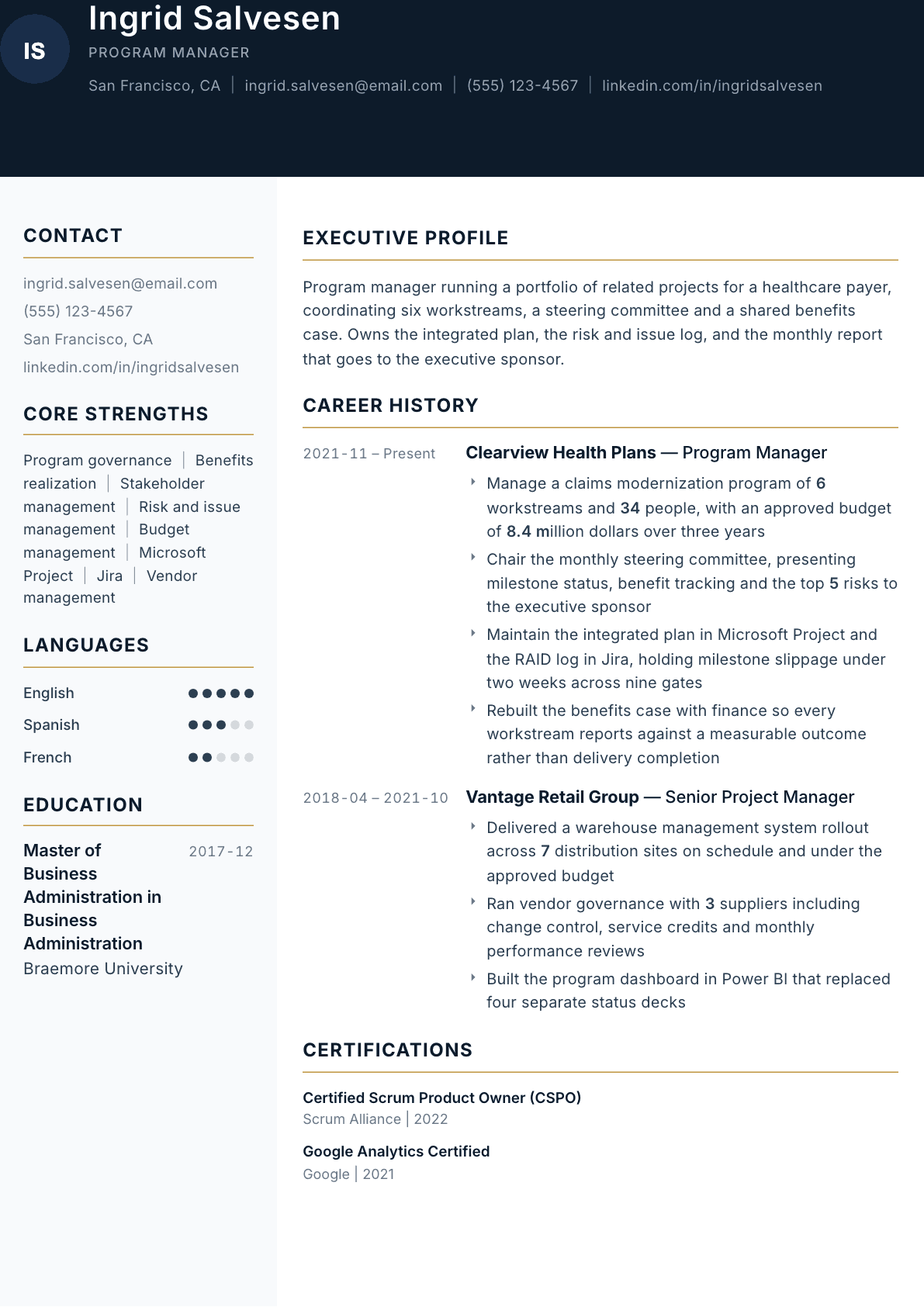 Program Manager resume example, Consulate template