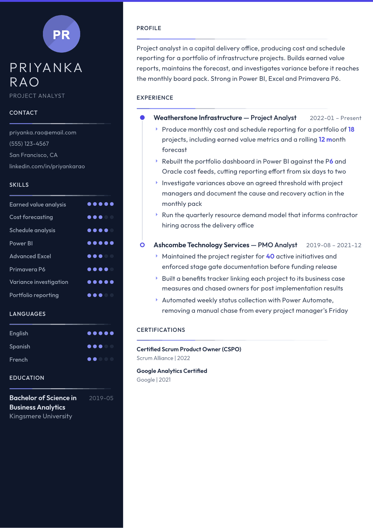 Project Analyst resume example, Zenith template