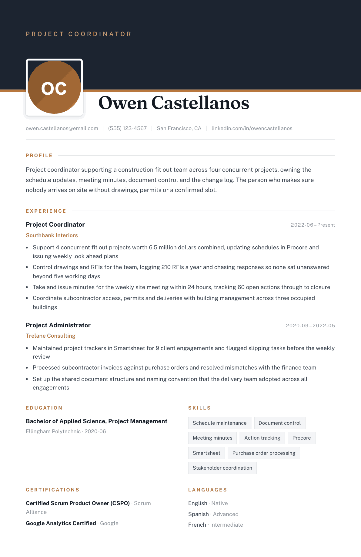 Project Coordinator resume example, Atrium template