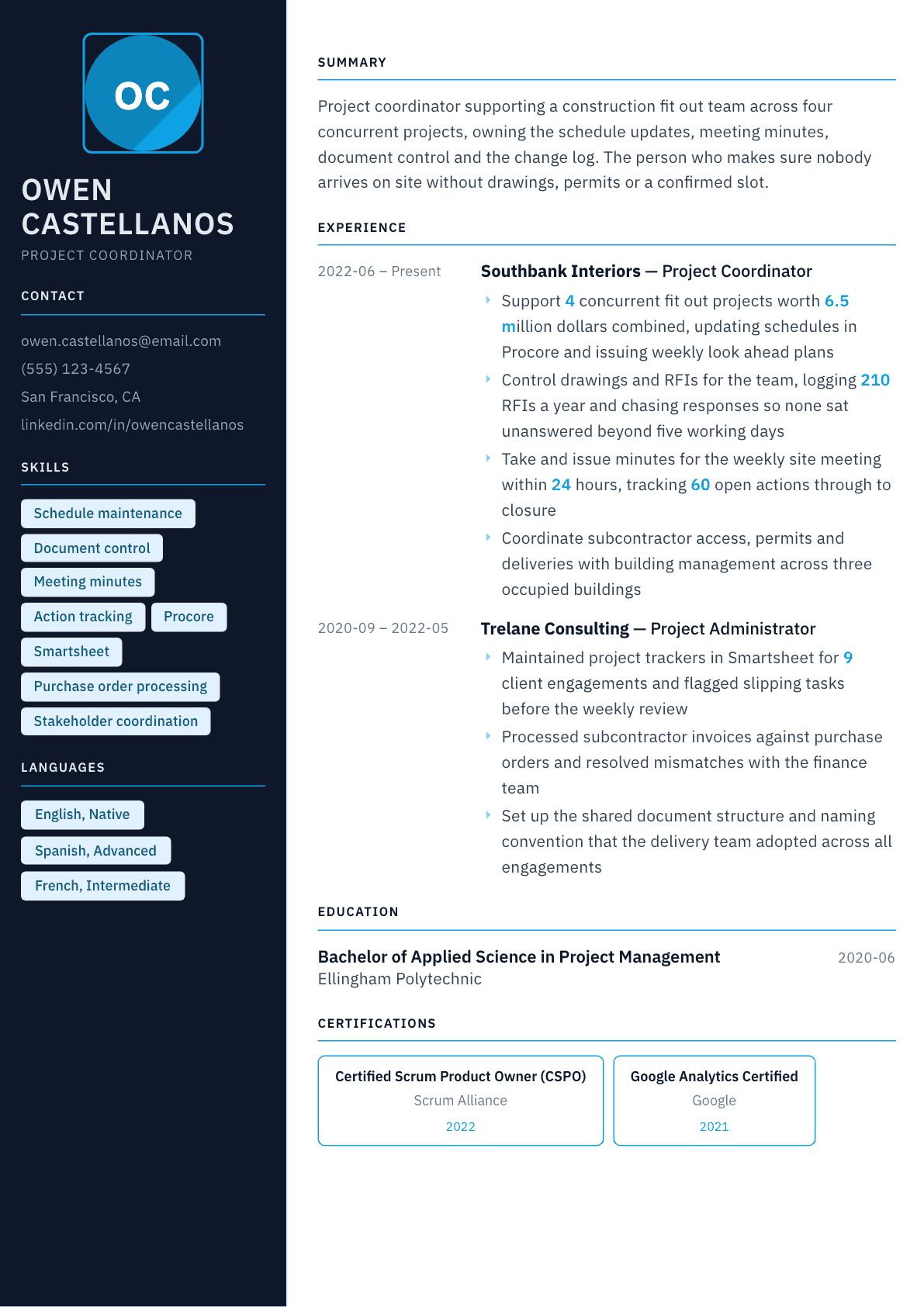 Project Coordinator resume example, Everest template