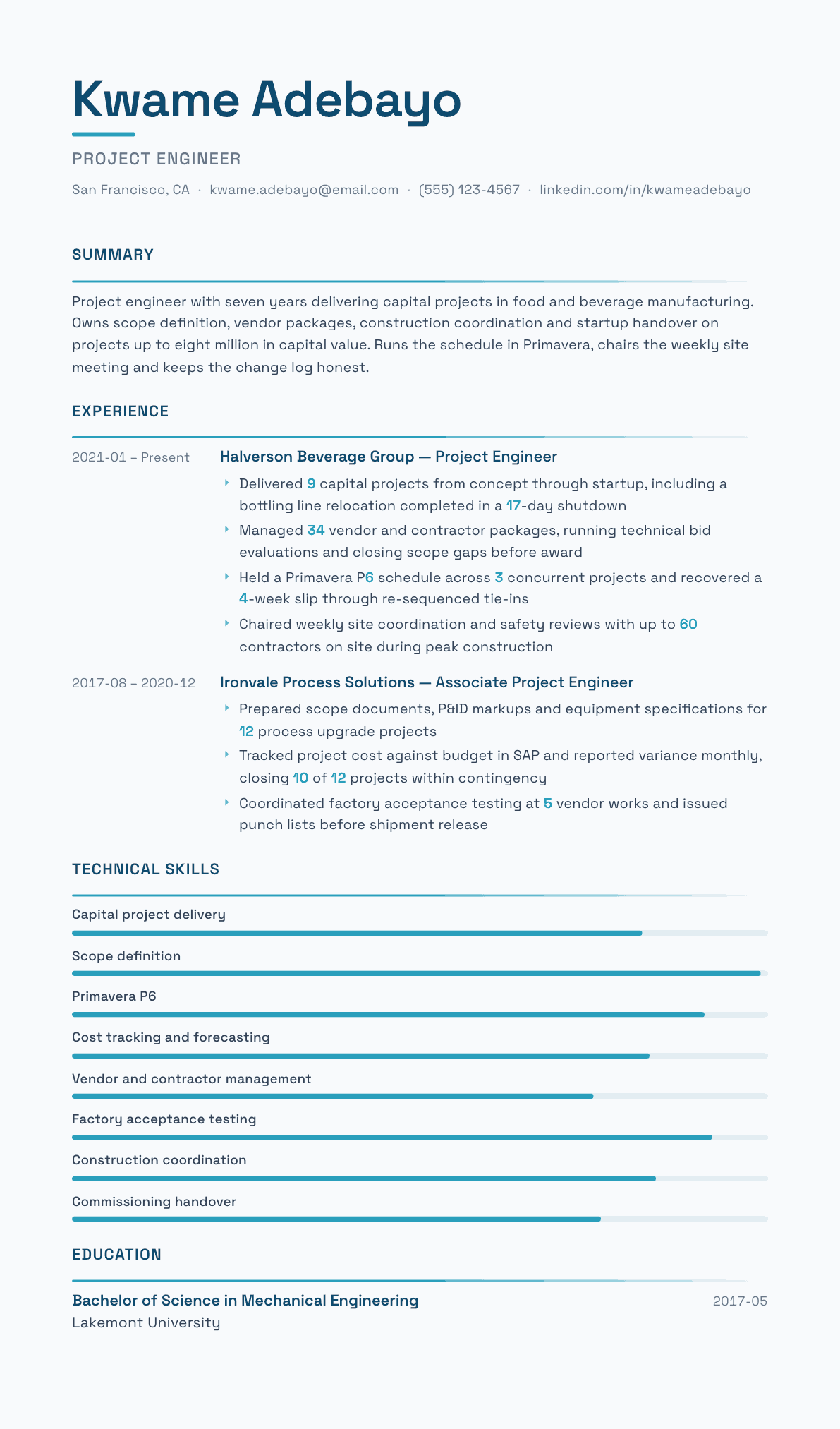Project Engineer resume example, Velocity template