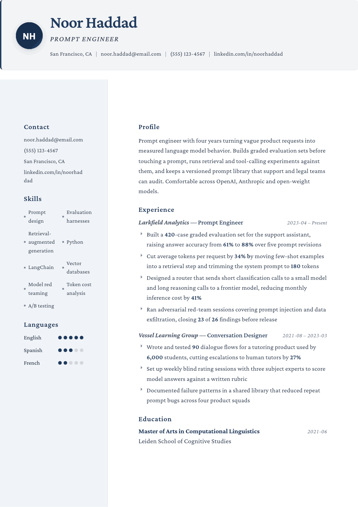 Prompt Engineer resume example, Formal template