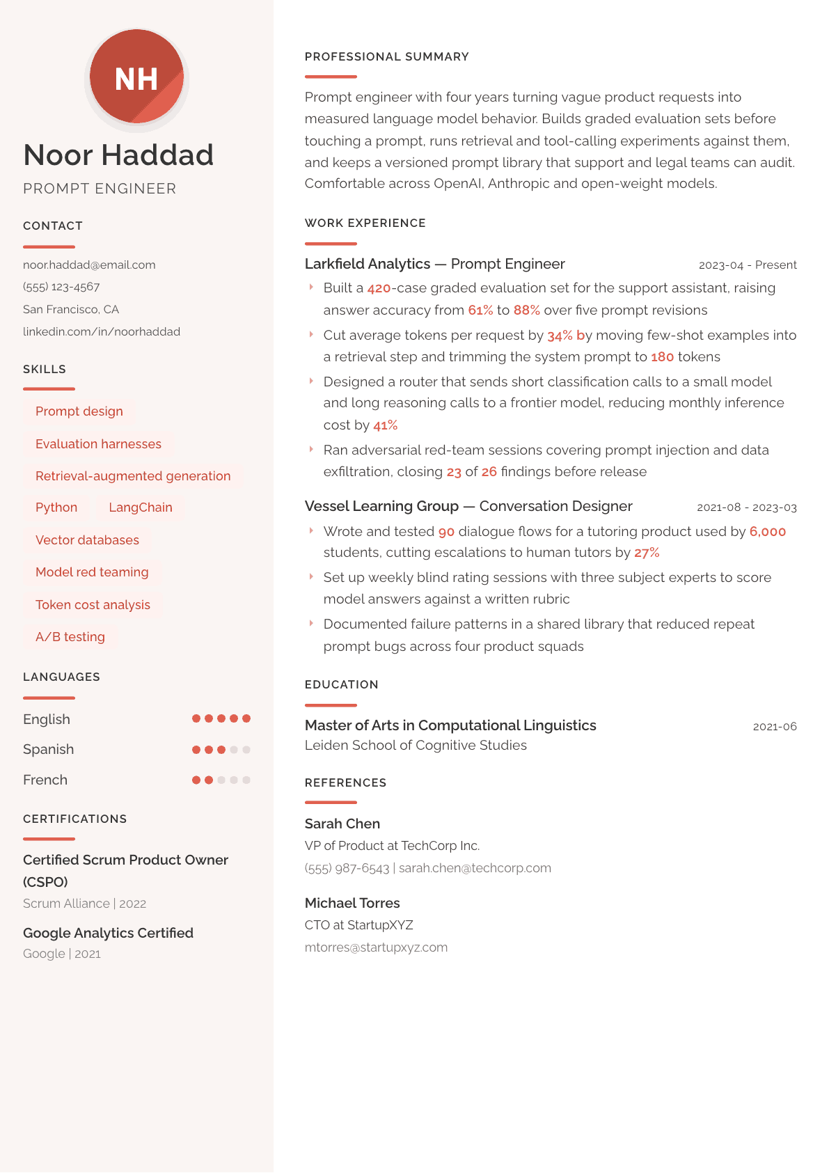 Prompt Engineer resume example, Milano template