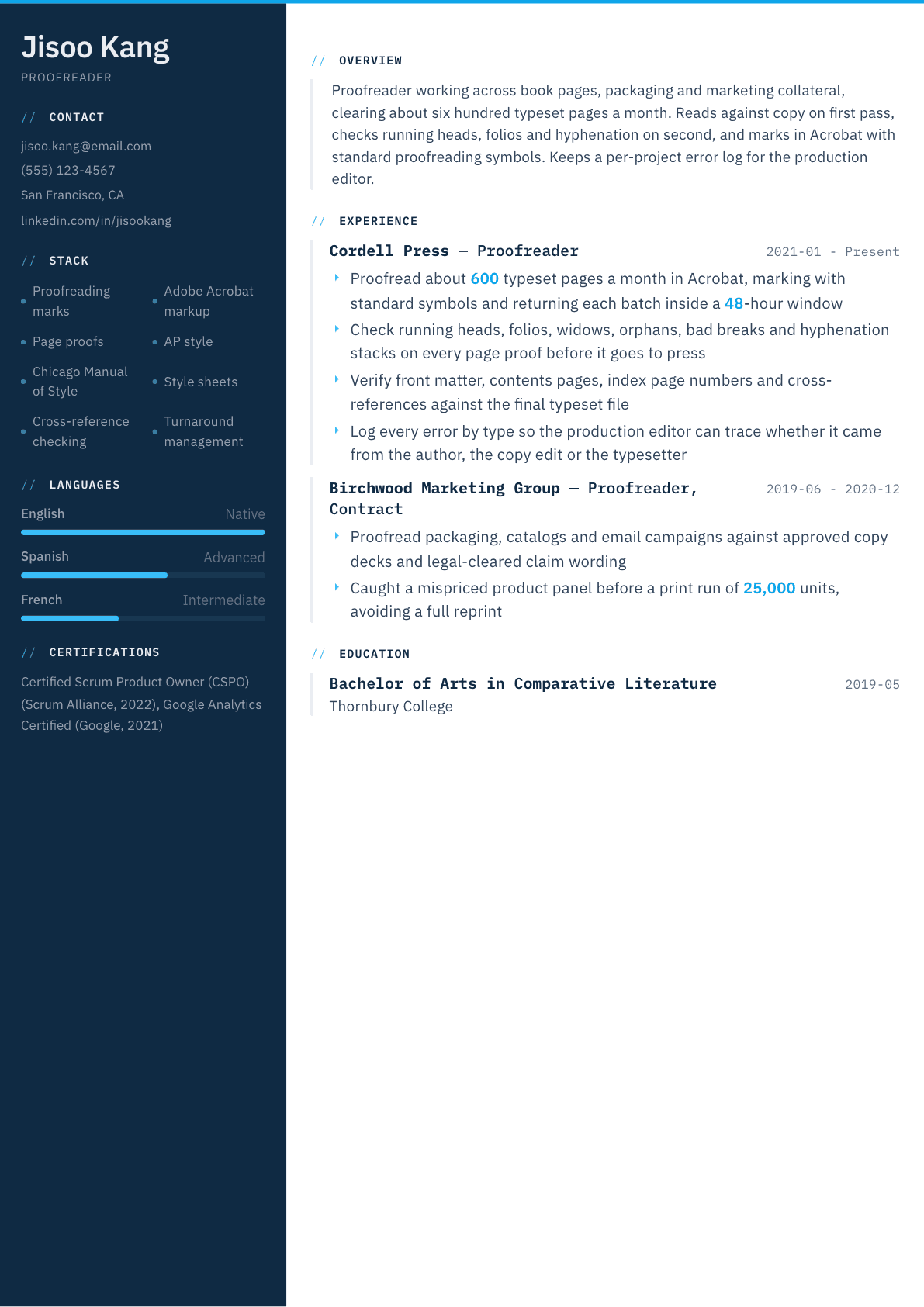 Proofreader resume example, Datum template