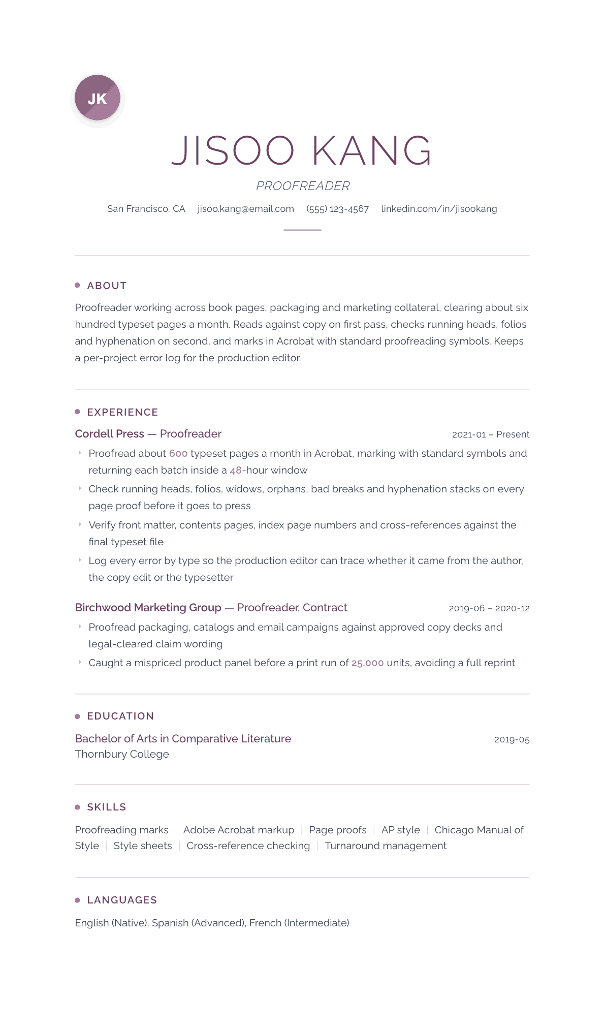 Proofreader resume example, Serenity template