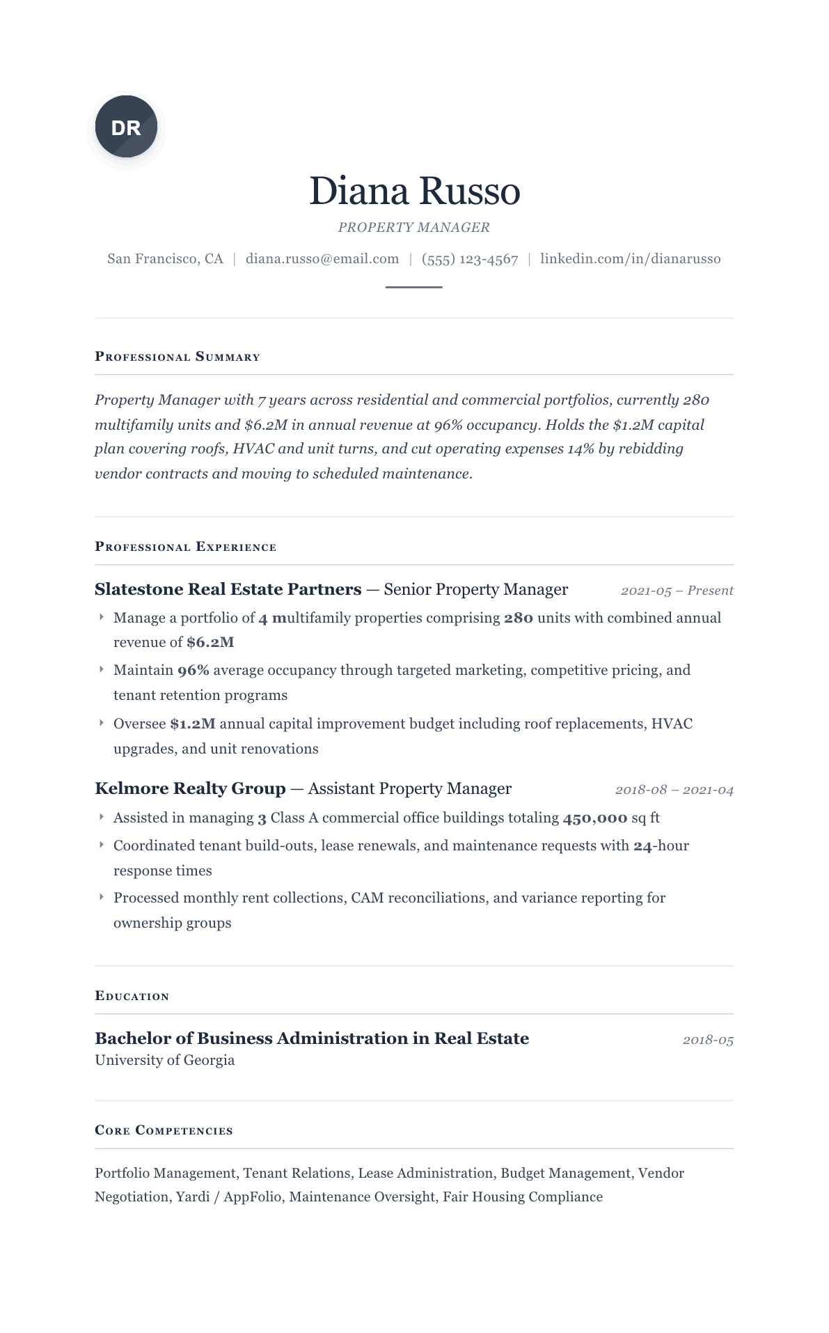 Property Management resume example, Cornerstone template