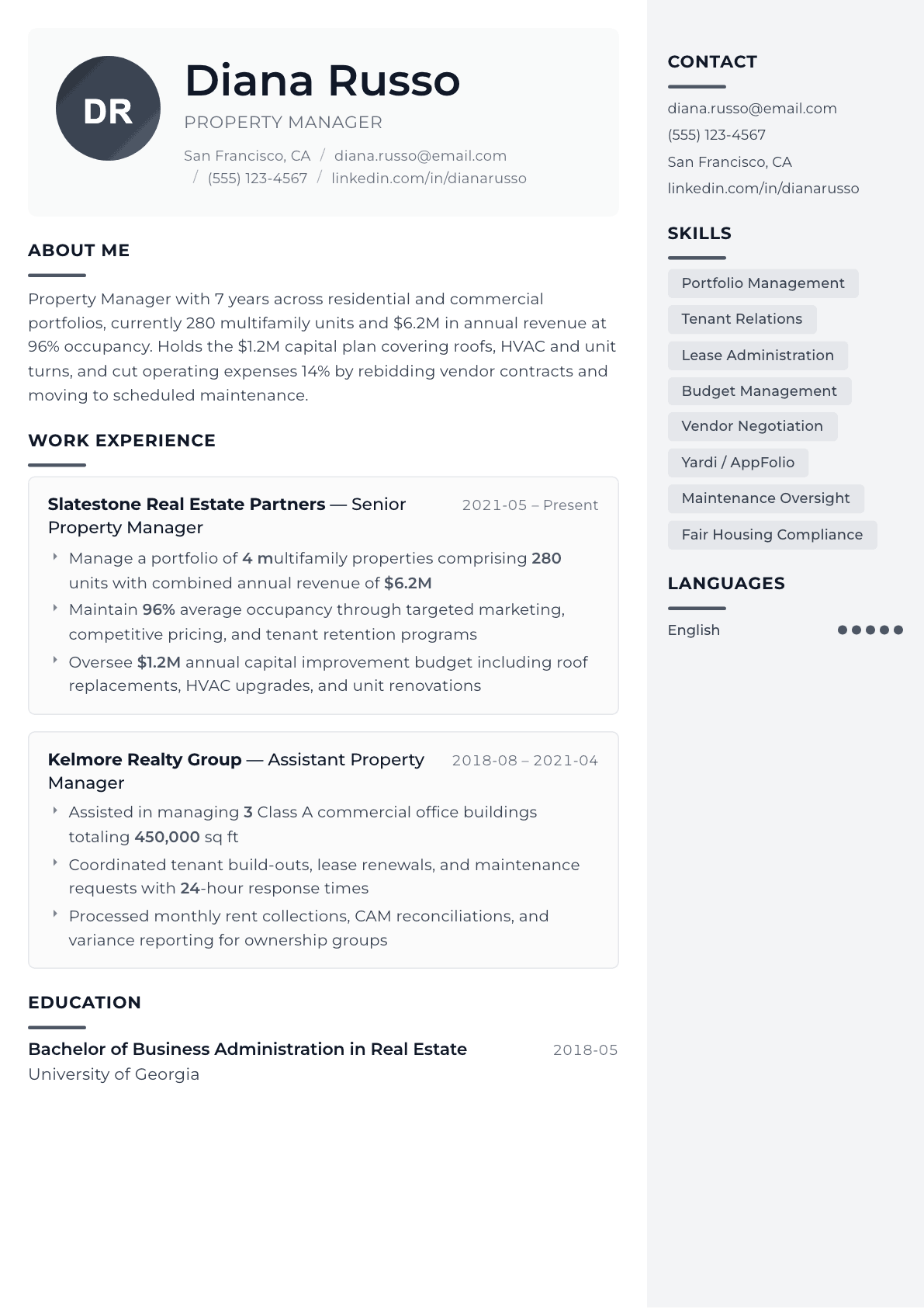 Property Management resume example, Metropolitan template