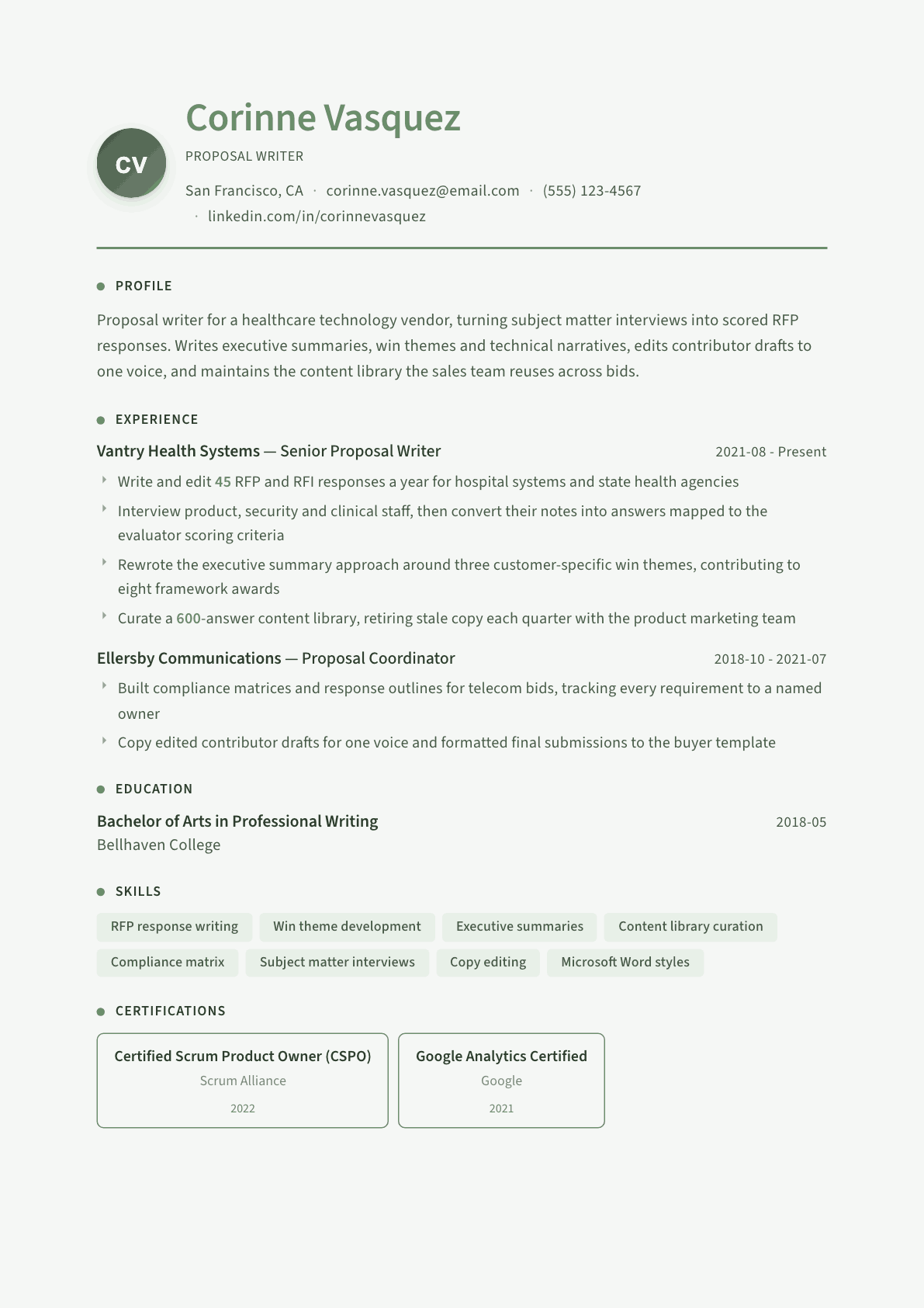 Proposal Writer resume example, Sage Garden template