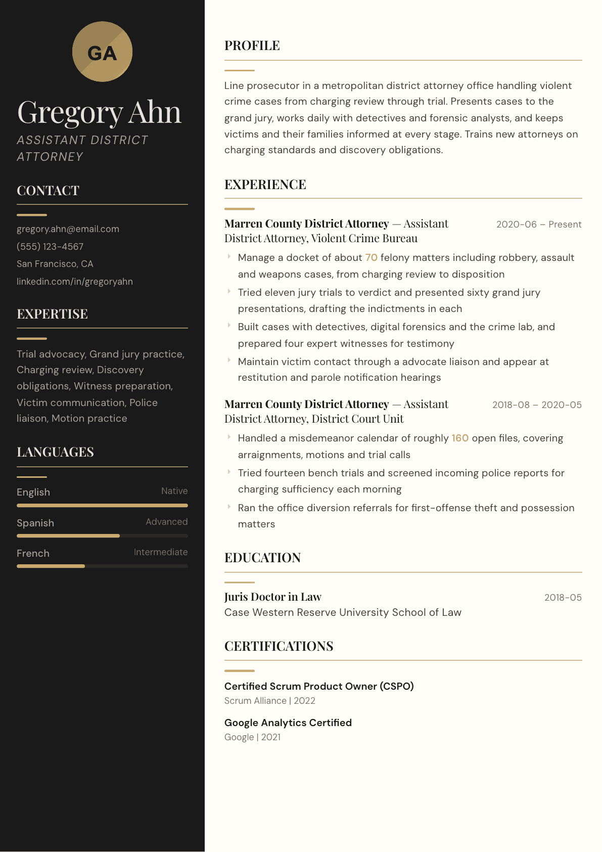 Prosecutor resume example, Obsidian template