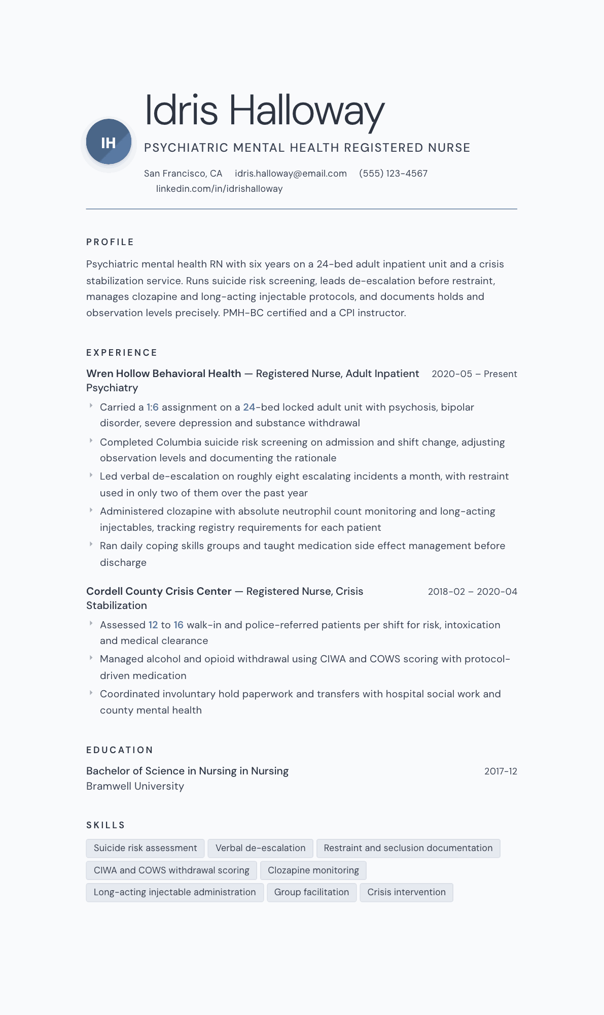 Psychiatric Nurse resume example, Nordic template