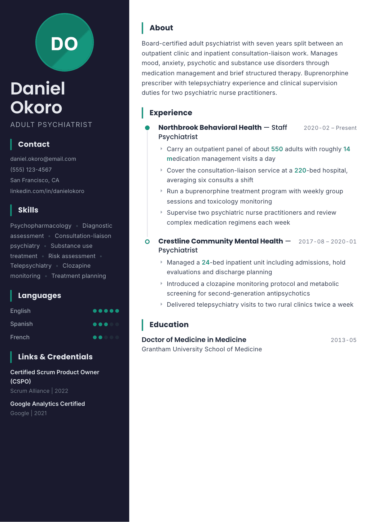 Psychiatrist resume example, Bapak template