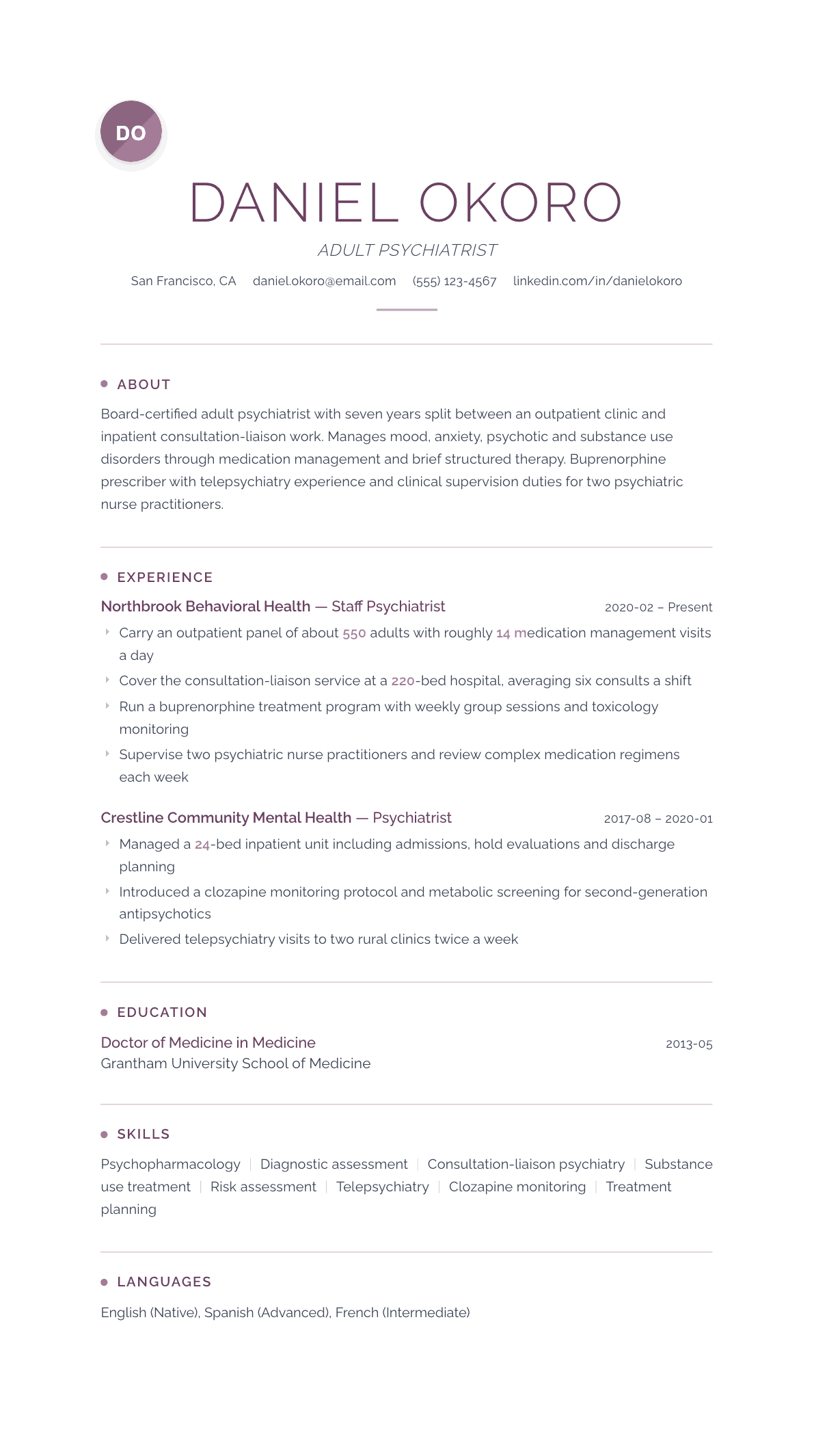 Psychiatrist resume example, Serenity template