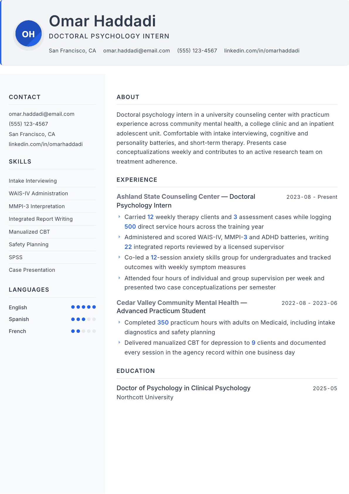 Psychology Intern resume example, Paper template