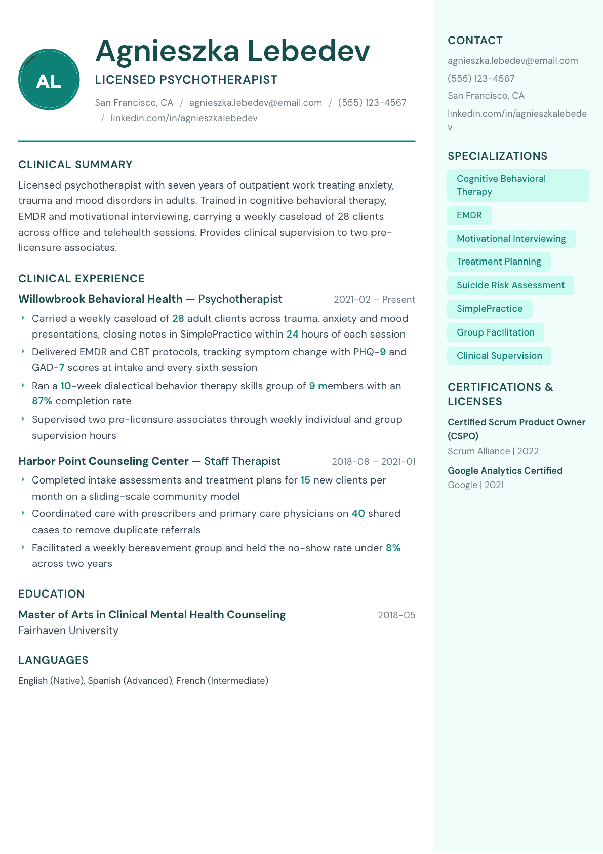 Psychotherapist resume example, Remedy template