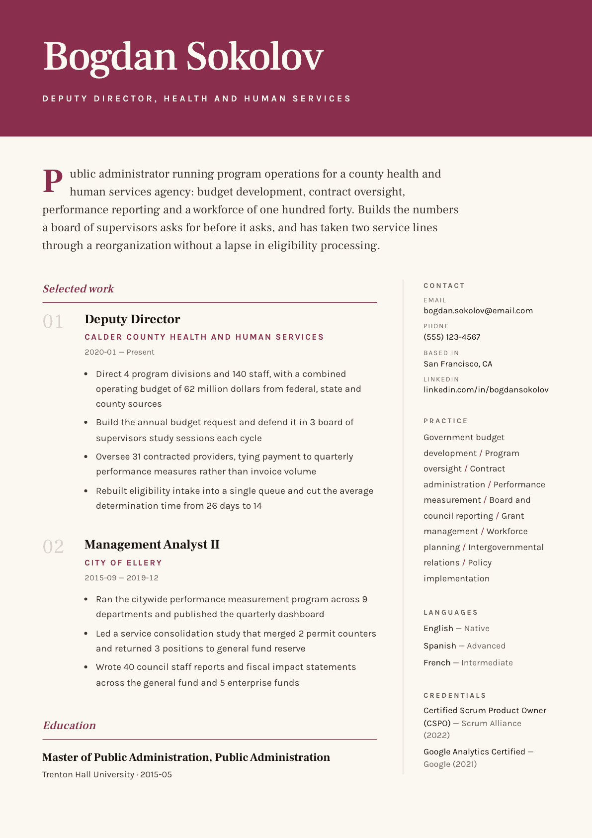 Public Administrator resume example, Pressroom template