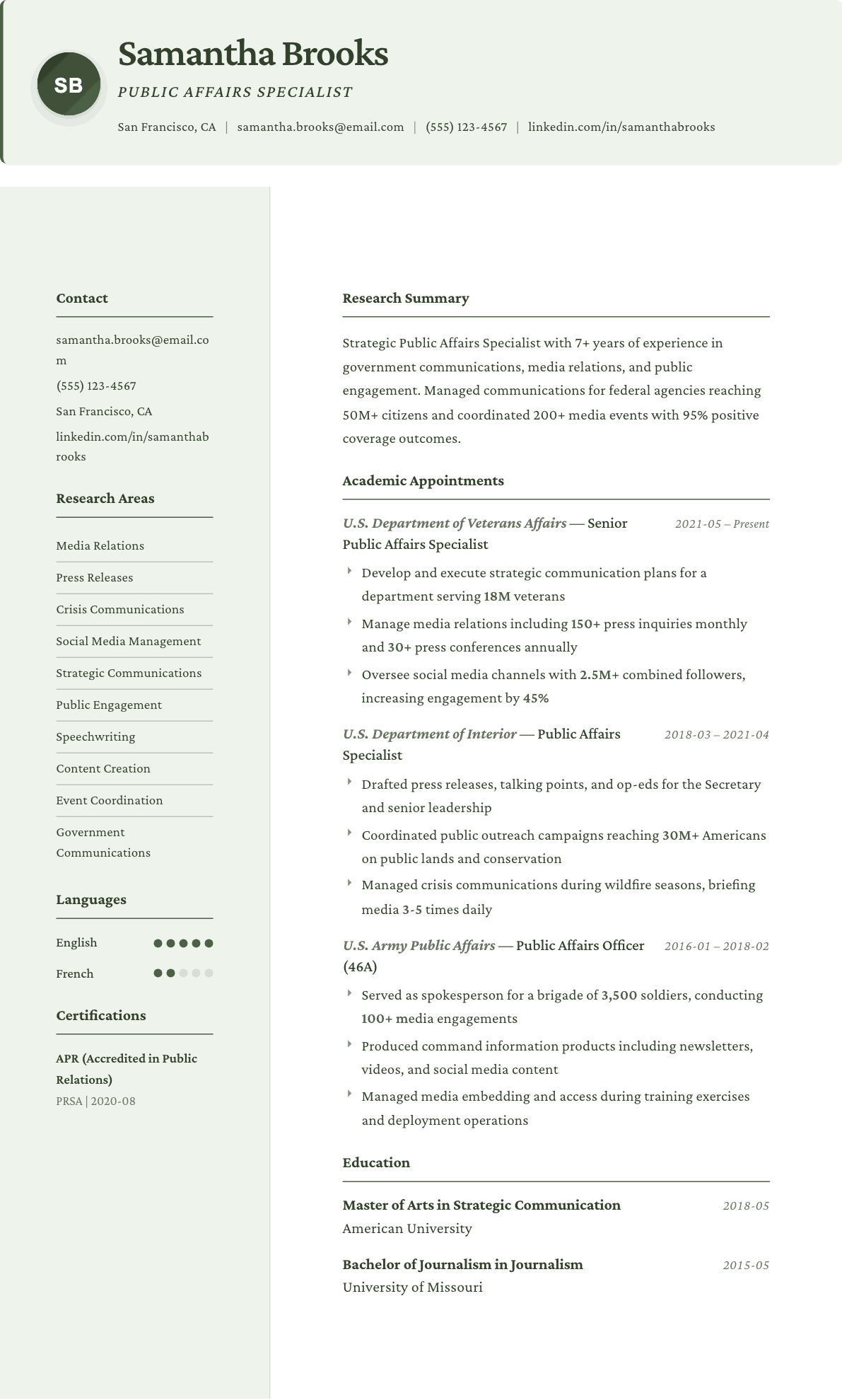 Public Affairs Specialist resume example, Research template