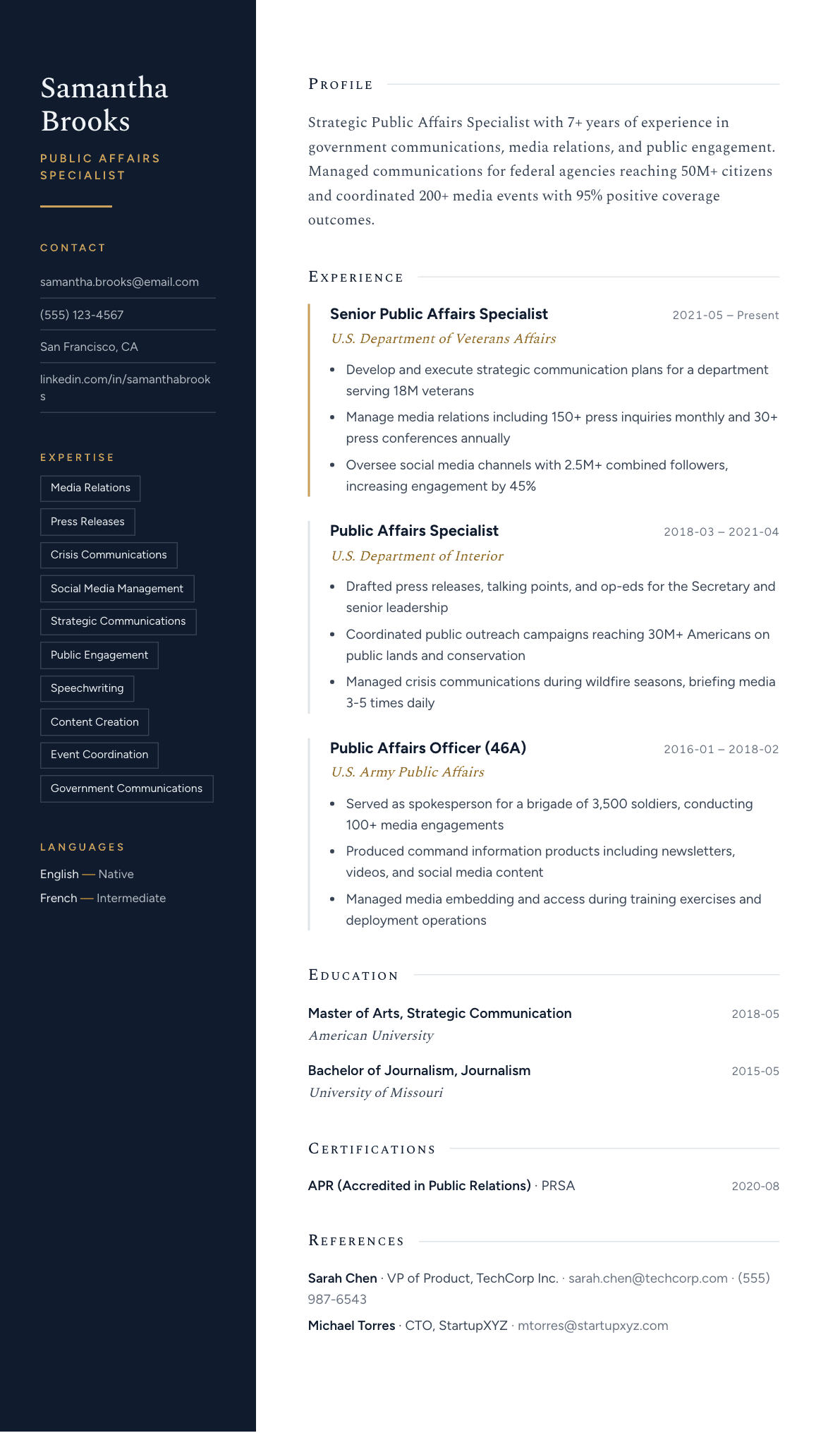 Public Affairs Specialist resume example, Nocturne template