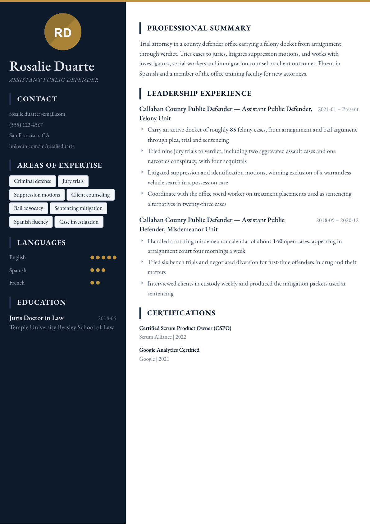 Public Defender resume example, Presidio template
