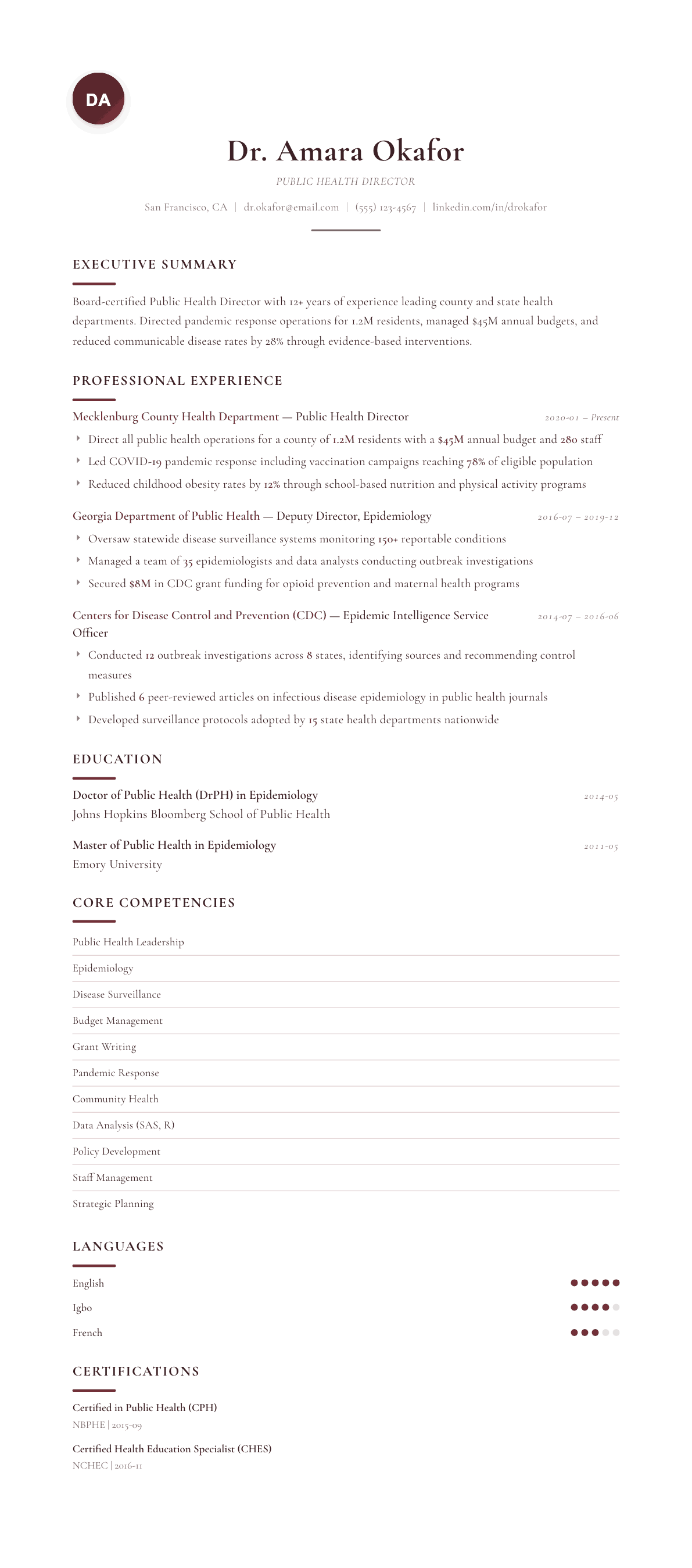 Public Health Director resume example, Diplomat template