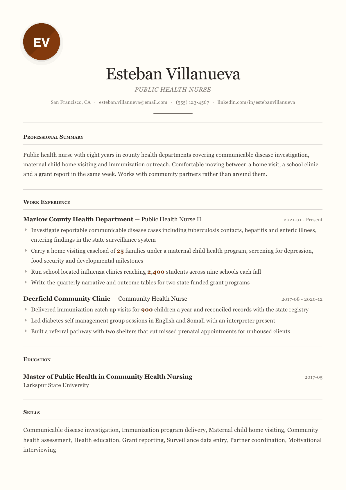 Public Health Nurse resume example, Paris template