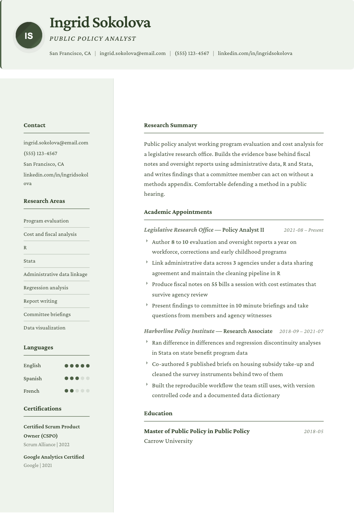 Public Policy Analyst resume example, Research template