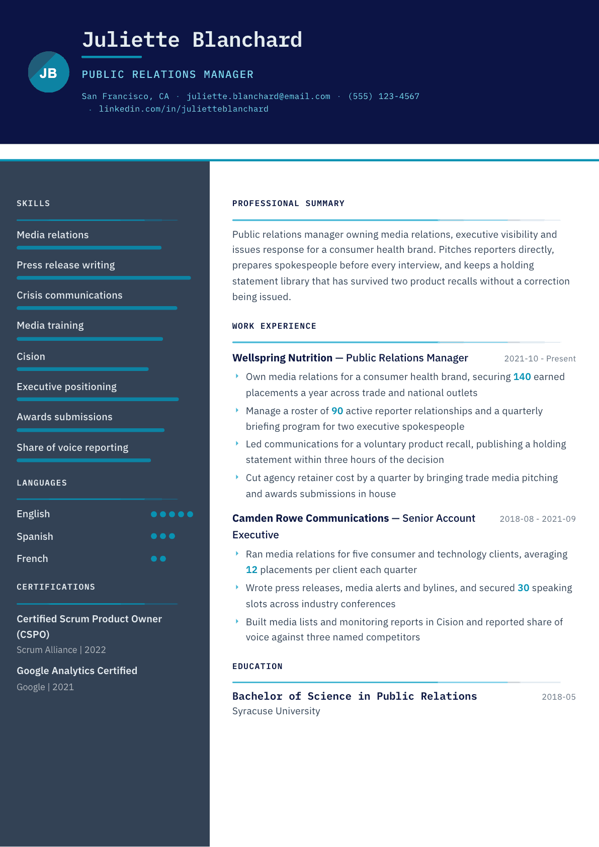 Public Relations Manager resume example, Atlas template