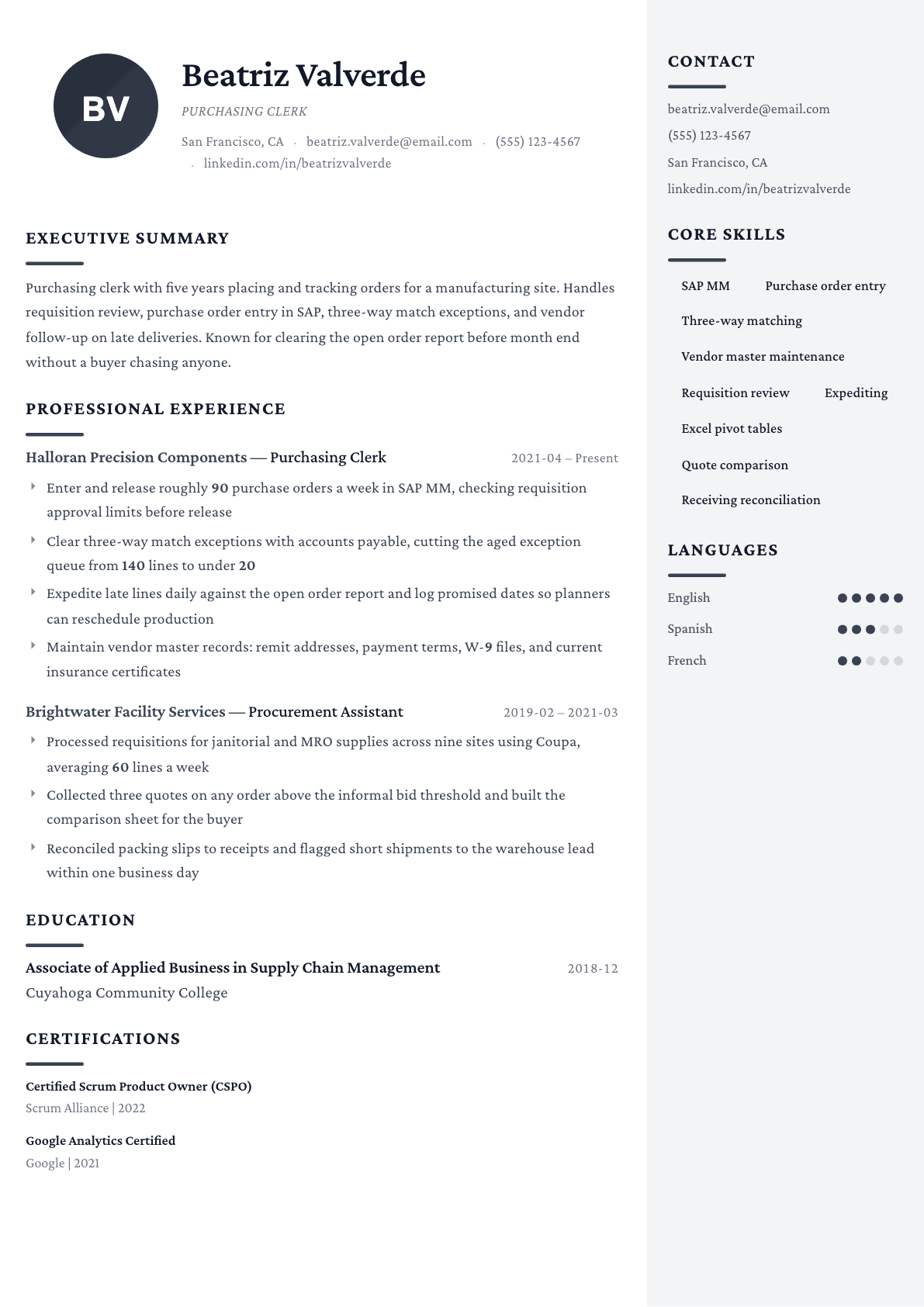 Purchasing Clerk resume example, Monarch template