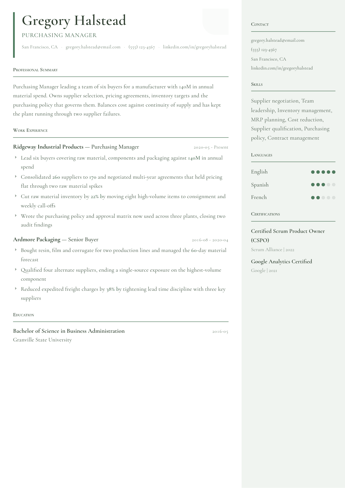 Purchasing Manager resume example, Copenhagen template