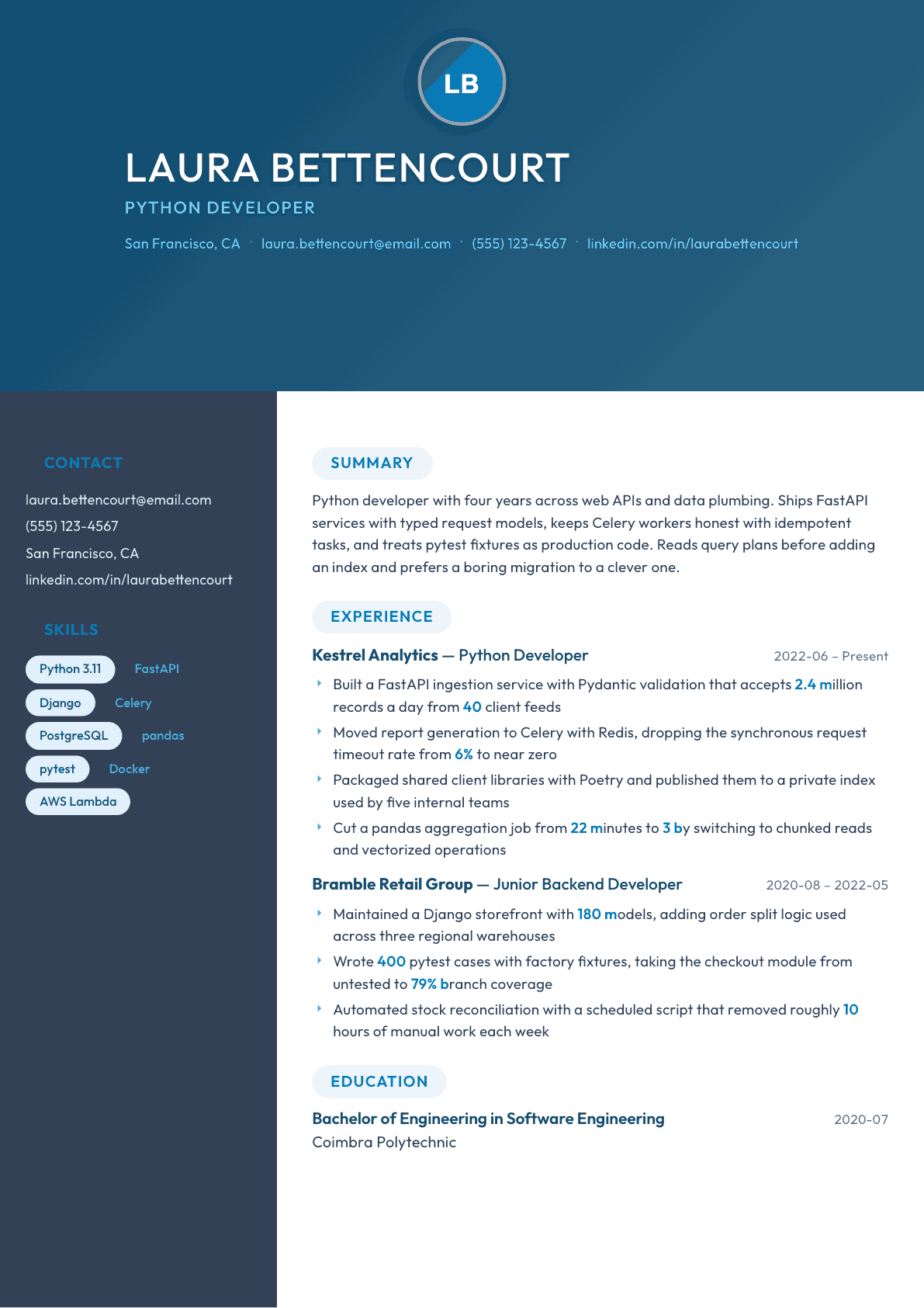 Python Developer resume example, Nexus template