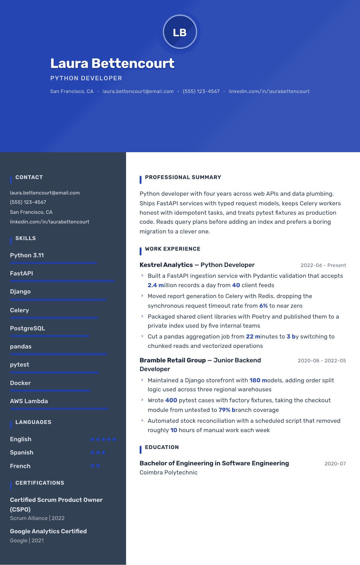 Python Developer resume example, Barcelona template