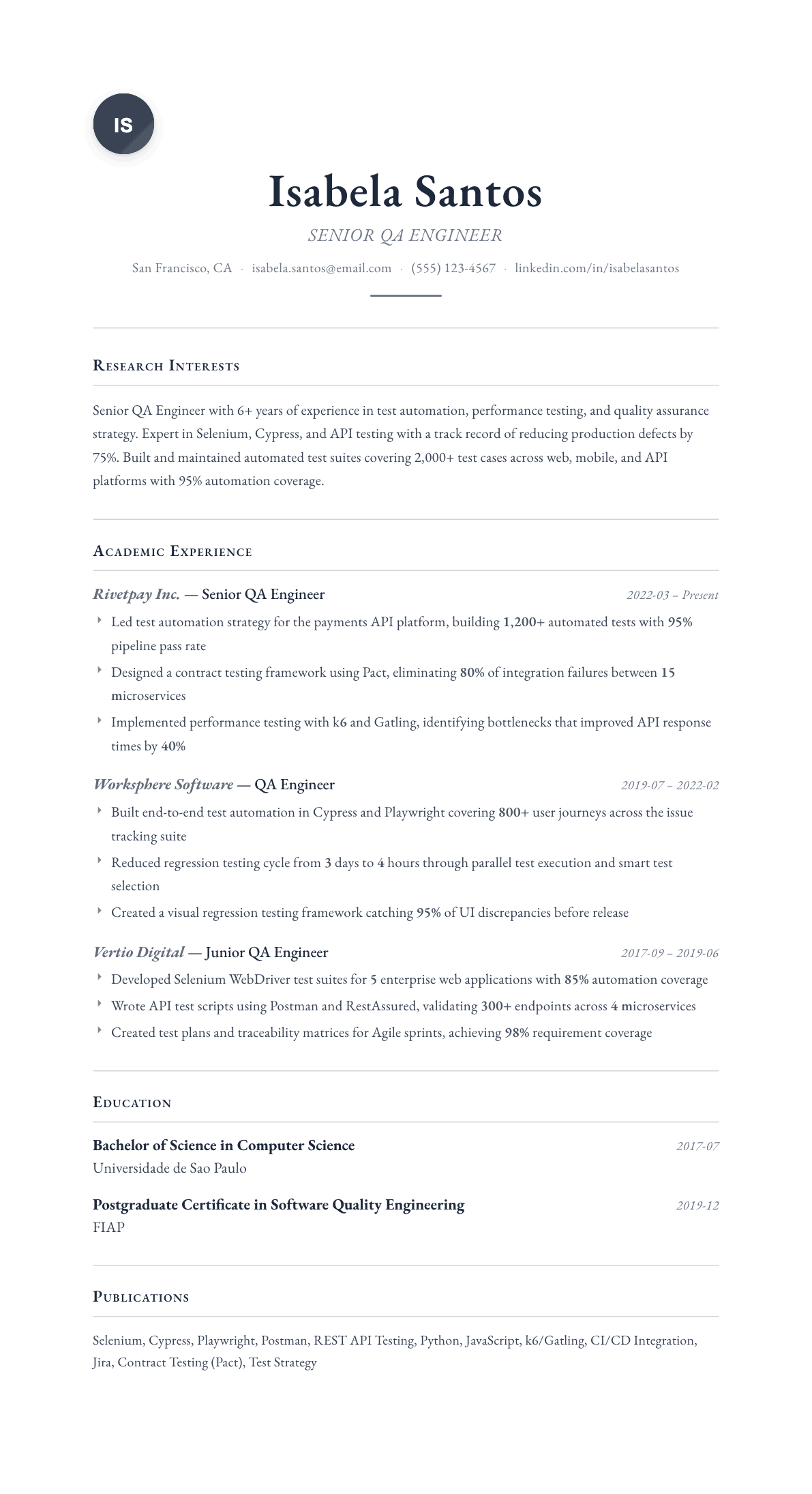 QA Engineer resume example, Scholar template