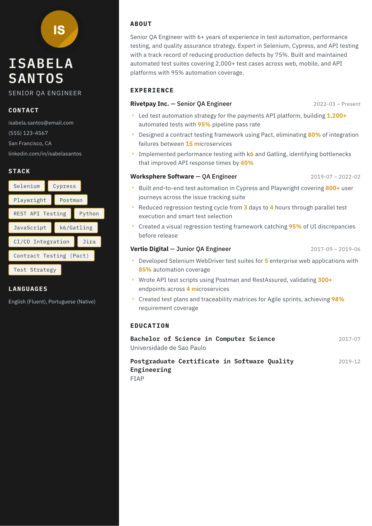QA Engineer resume example, Neon template