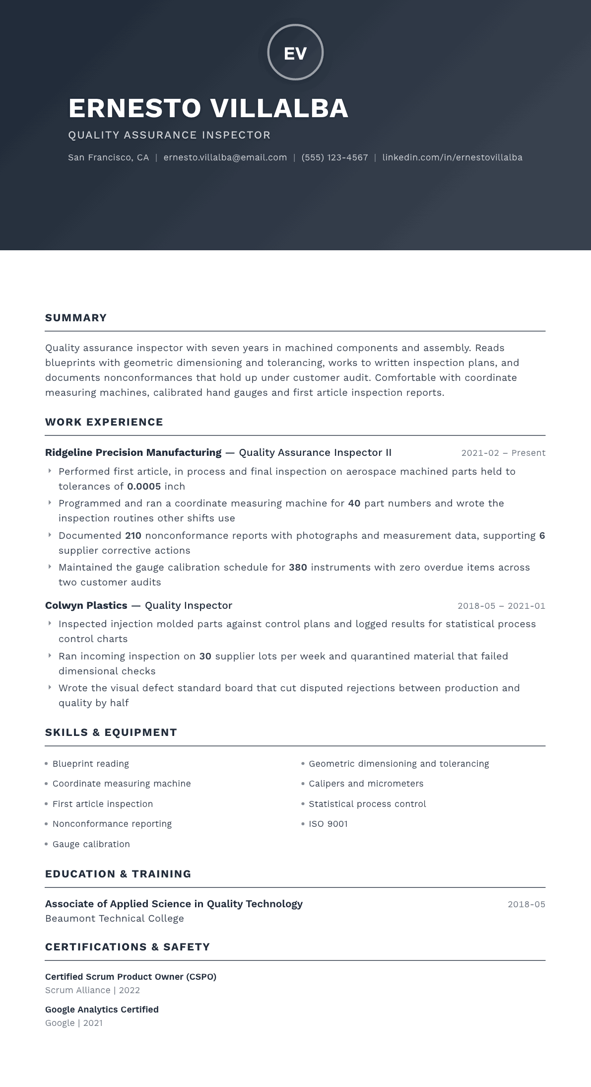 Quality Assurance Inspector resume example, Foundation template