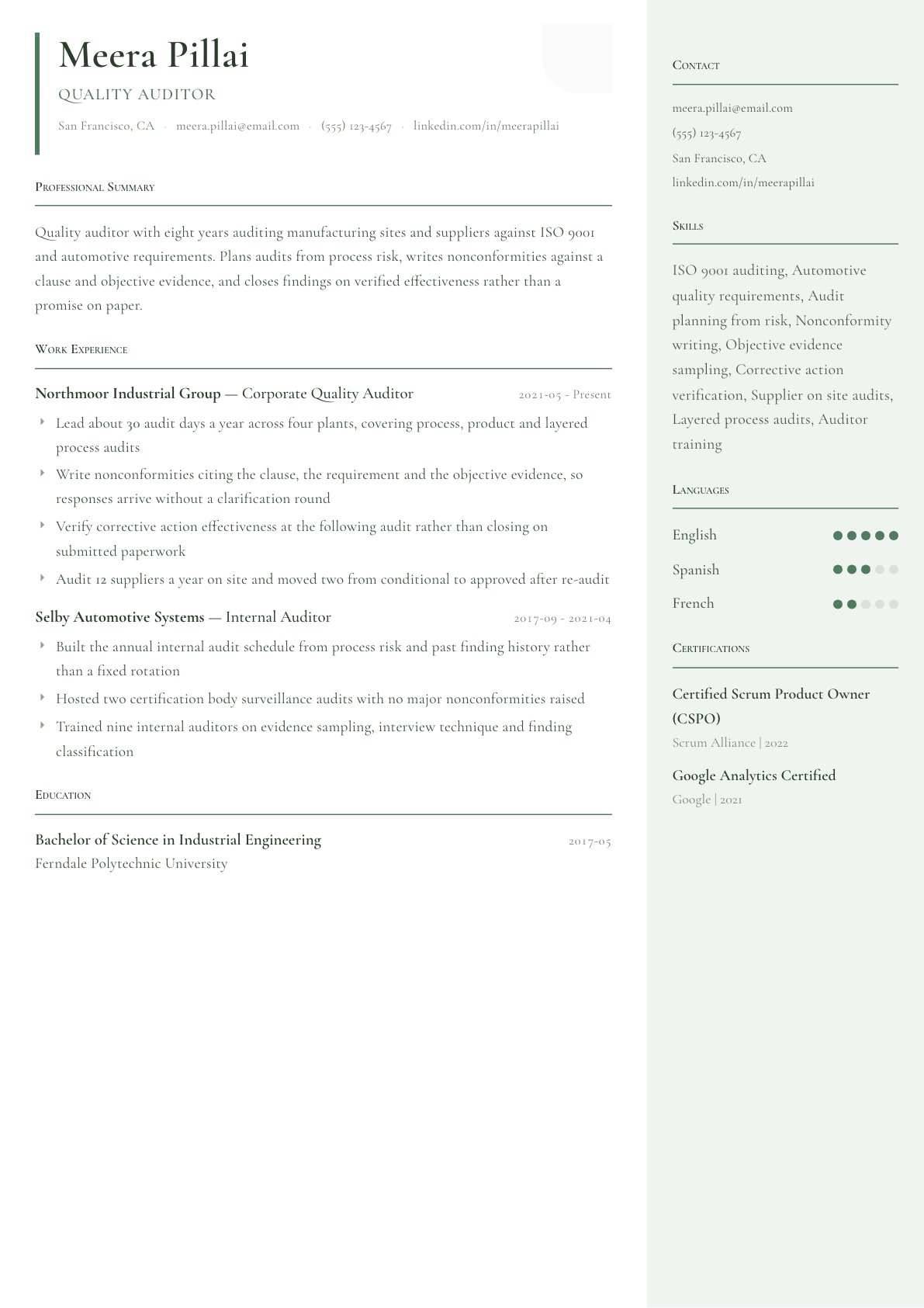 Quality Auditor resume example, Copenhagen template