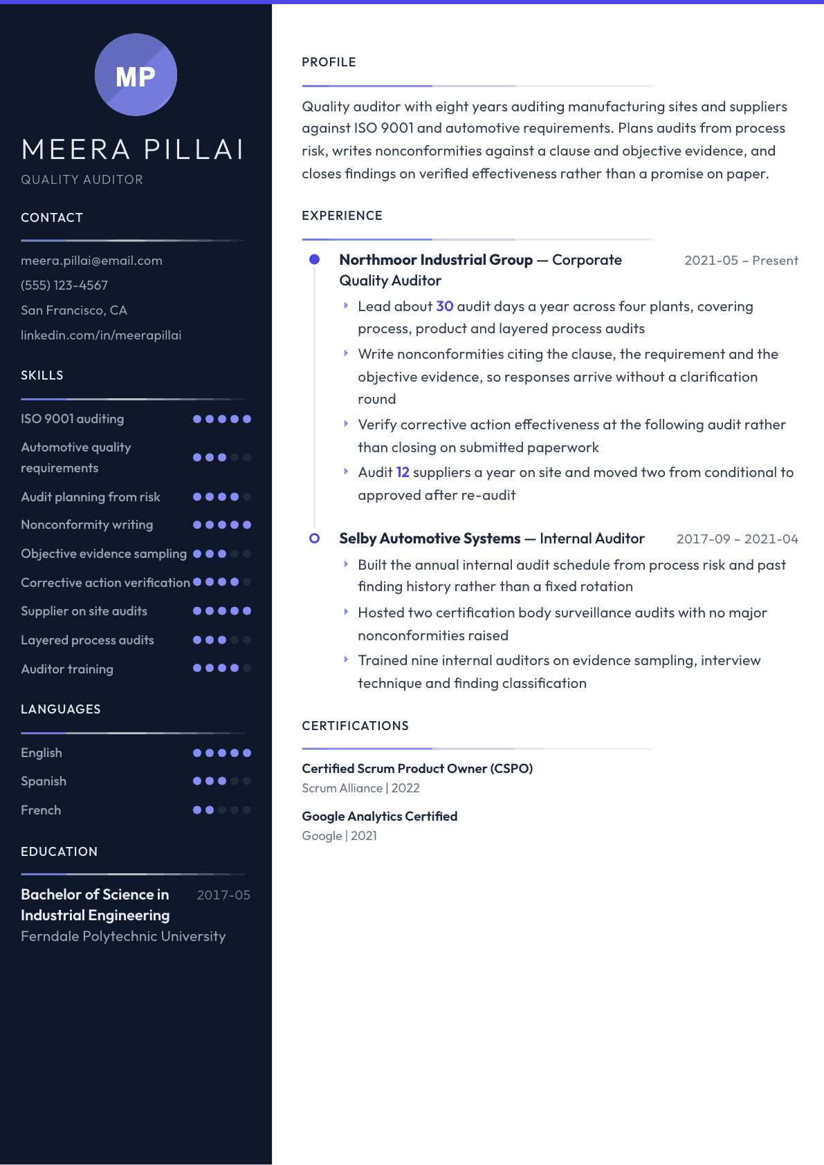 Quality Auditor resume example, Zenith template