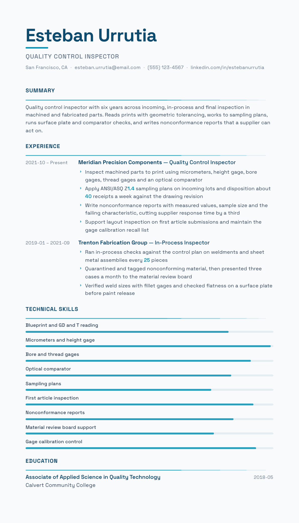 Quality Control Inspector resume example, Velocity template