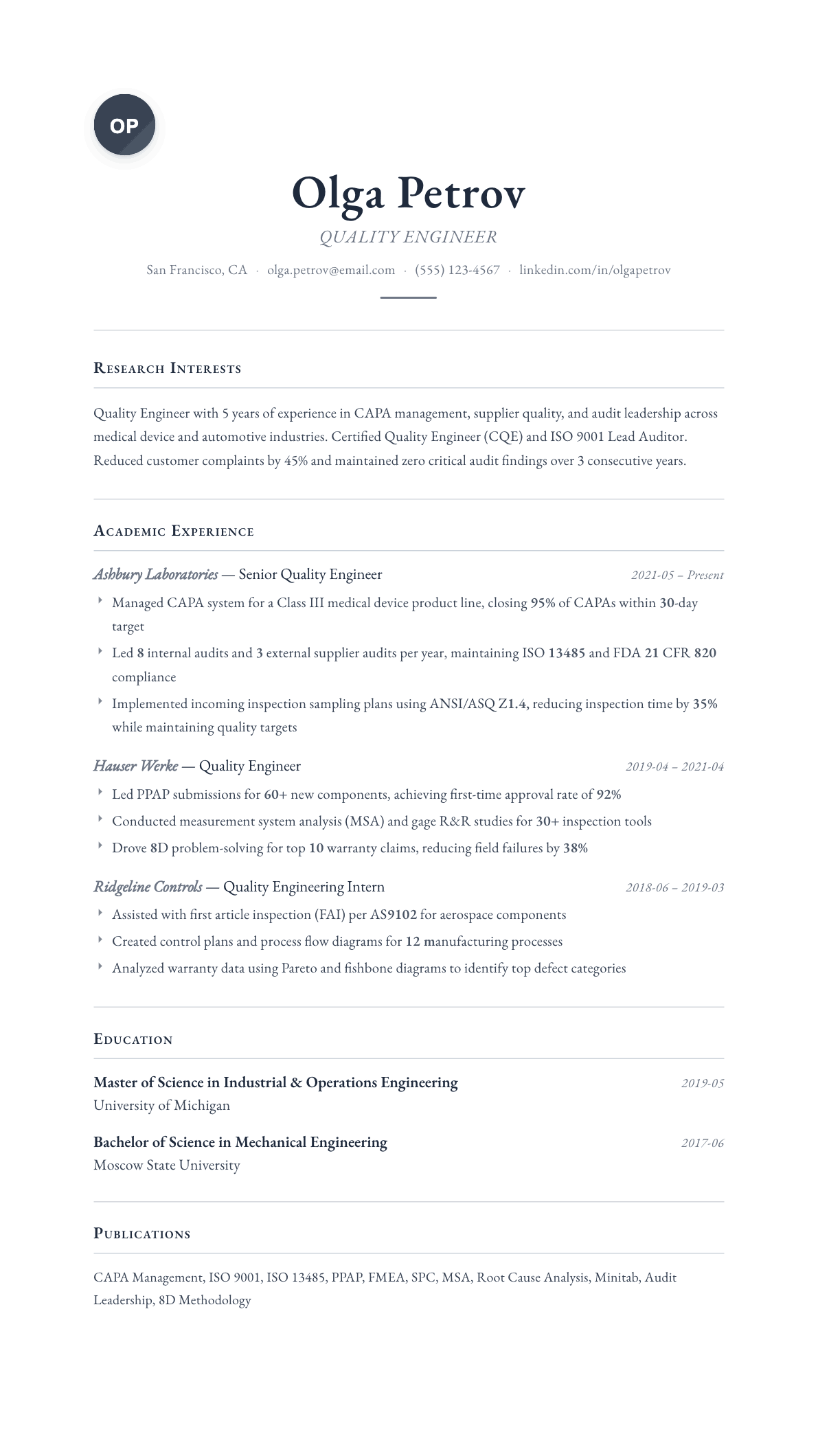 Quality Engineer resume example, Scholar template