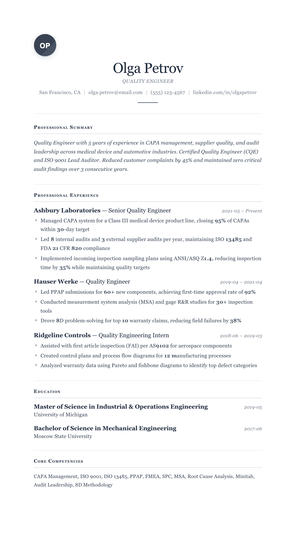 Quality Engineer resume example, Cornerstone template