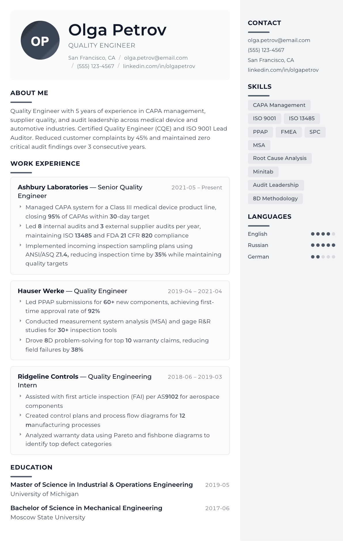 Quality Engineer resume example, Metropolitan template