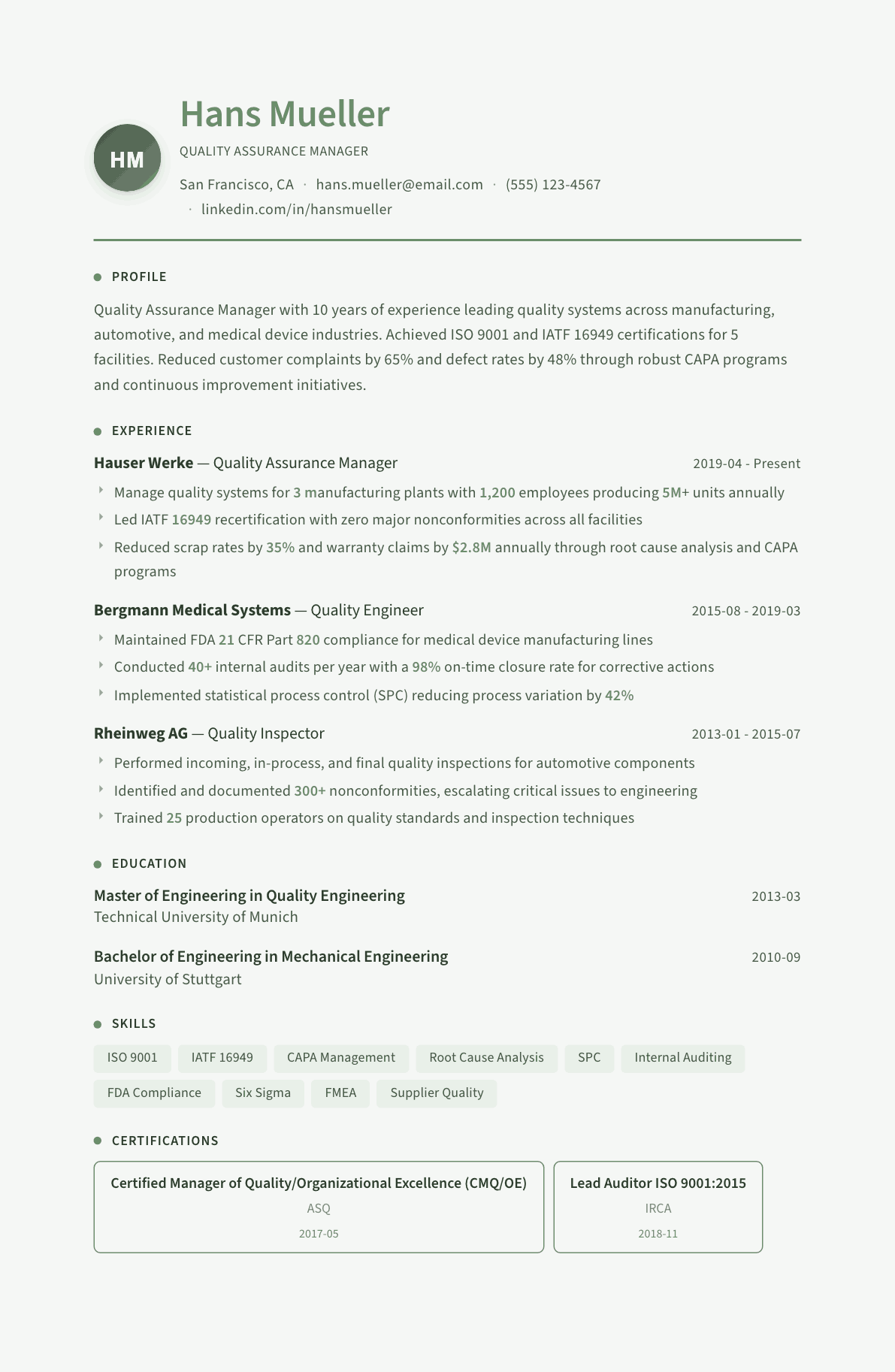 Quality Manager resume example, Sage Garden template