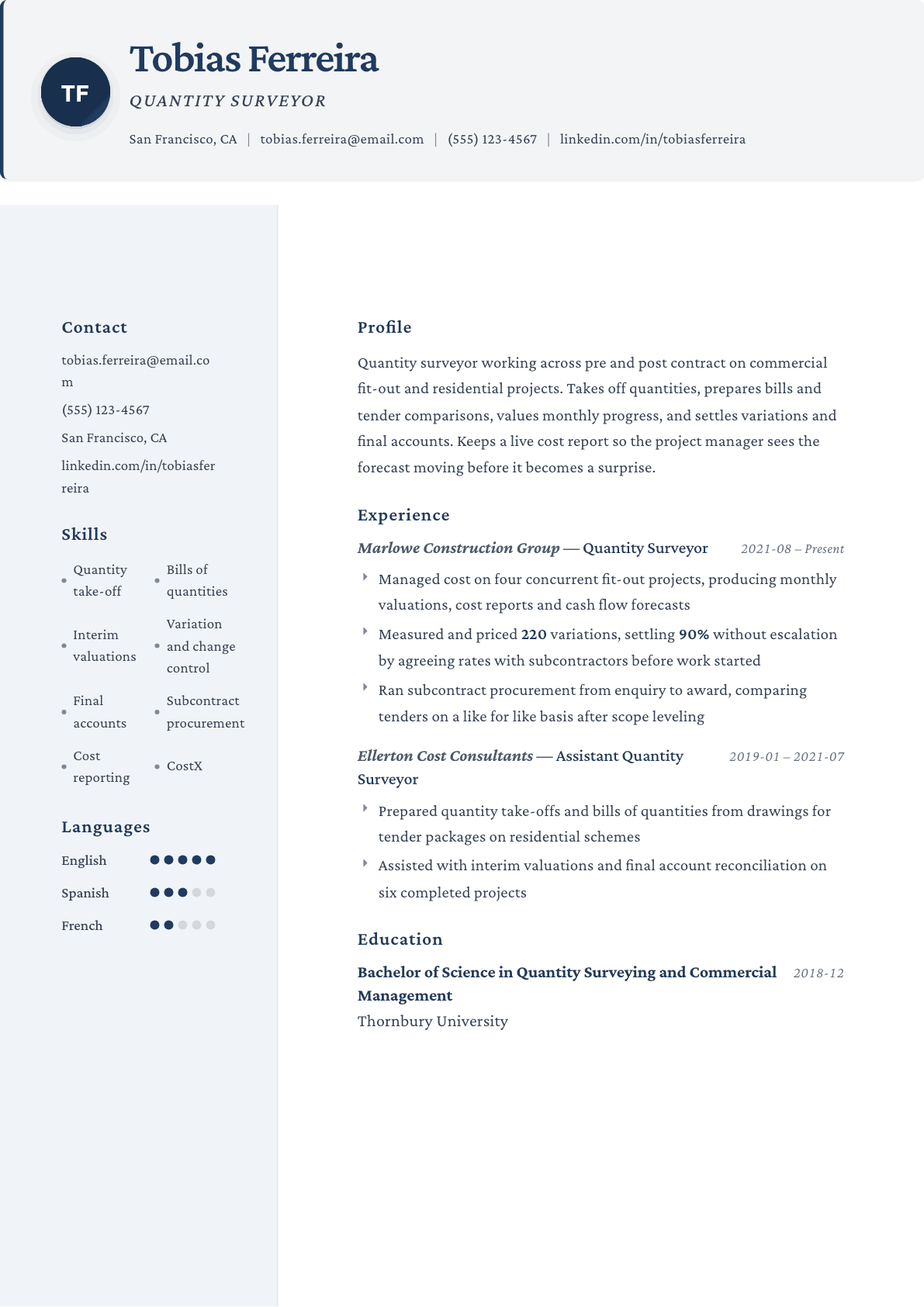 Quantity Surveyor resume example, Formal template