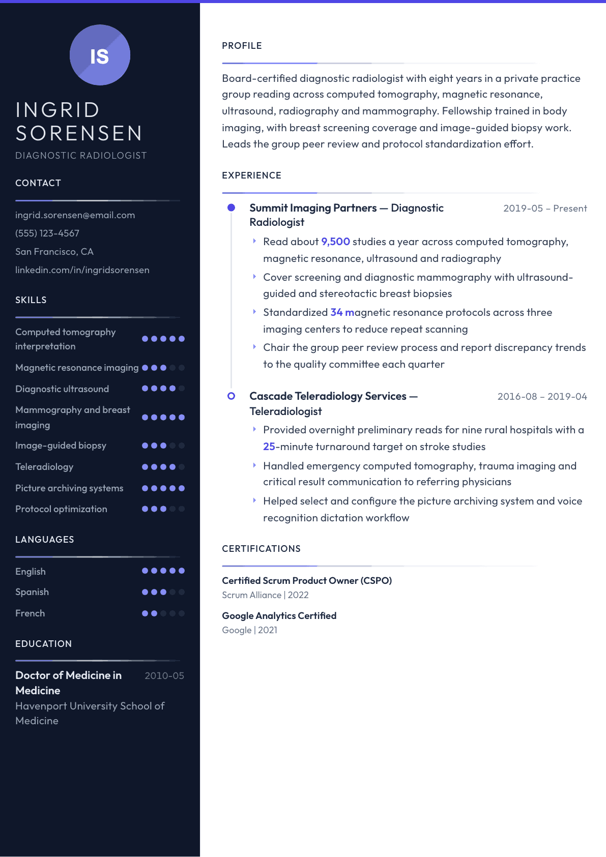 Radiologist resume example, Zenith template