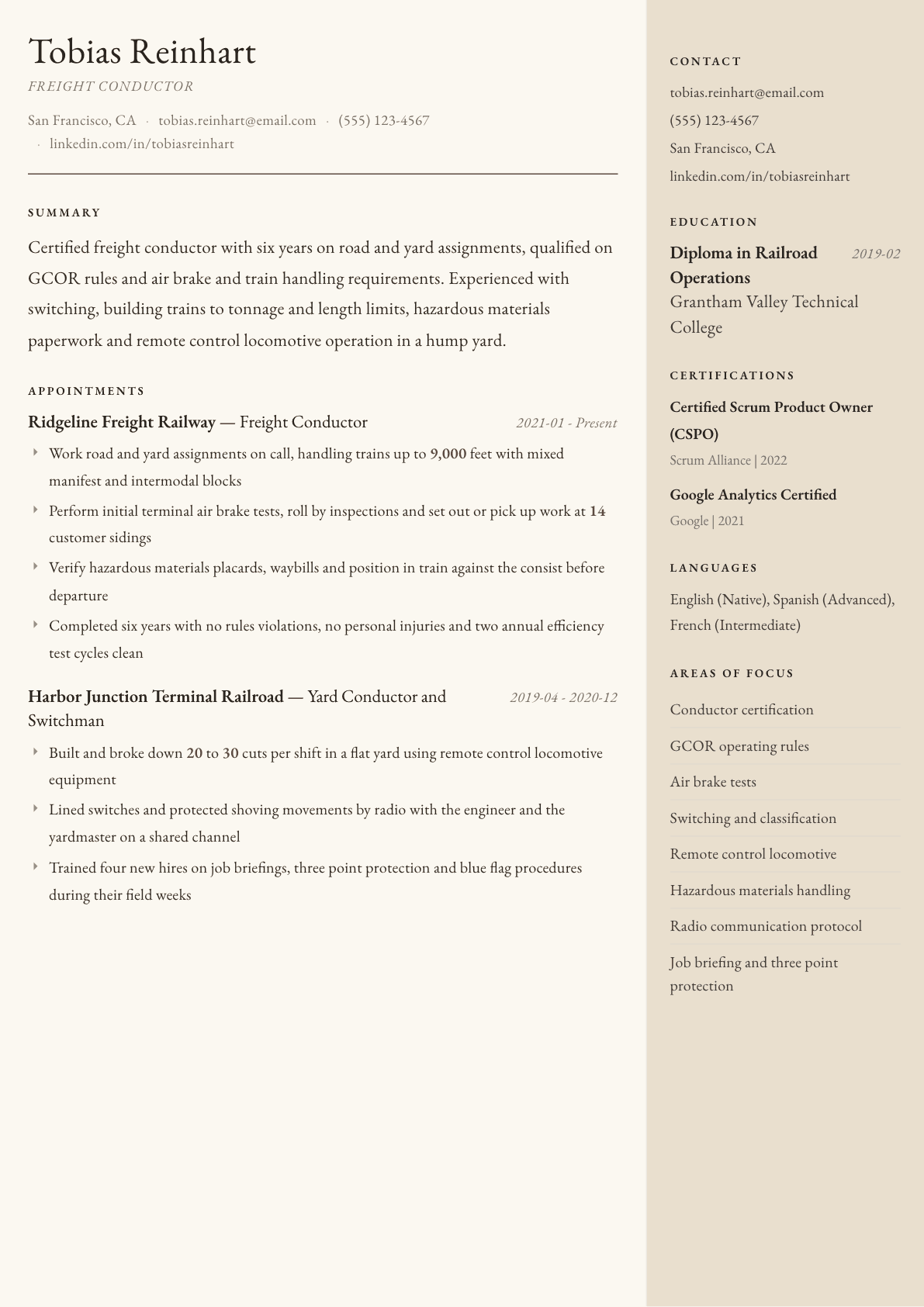 Railroad Conductor resume example, Manuscript template
