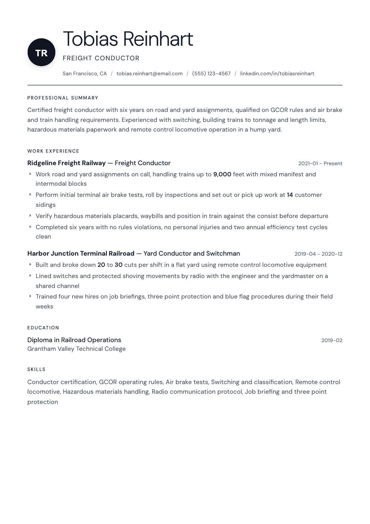 Railroad Conductor resume example, Stockholm template
