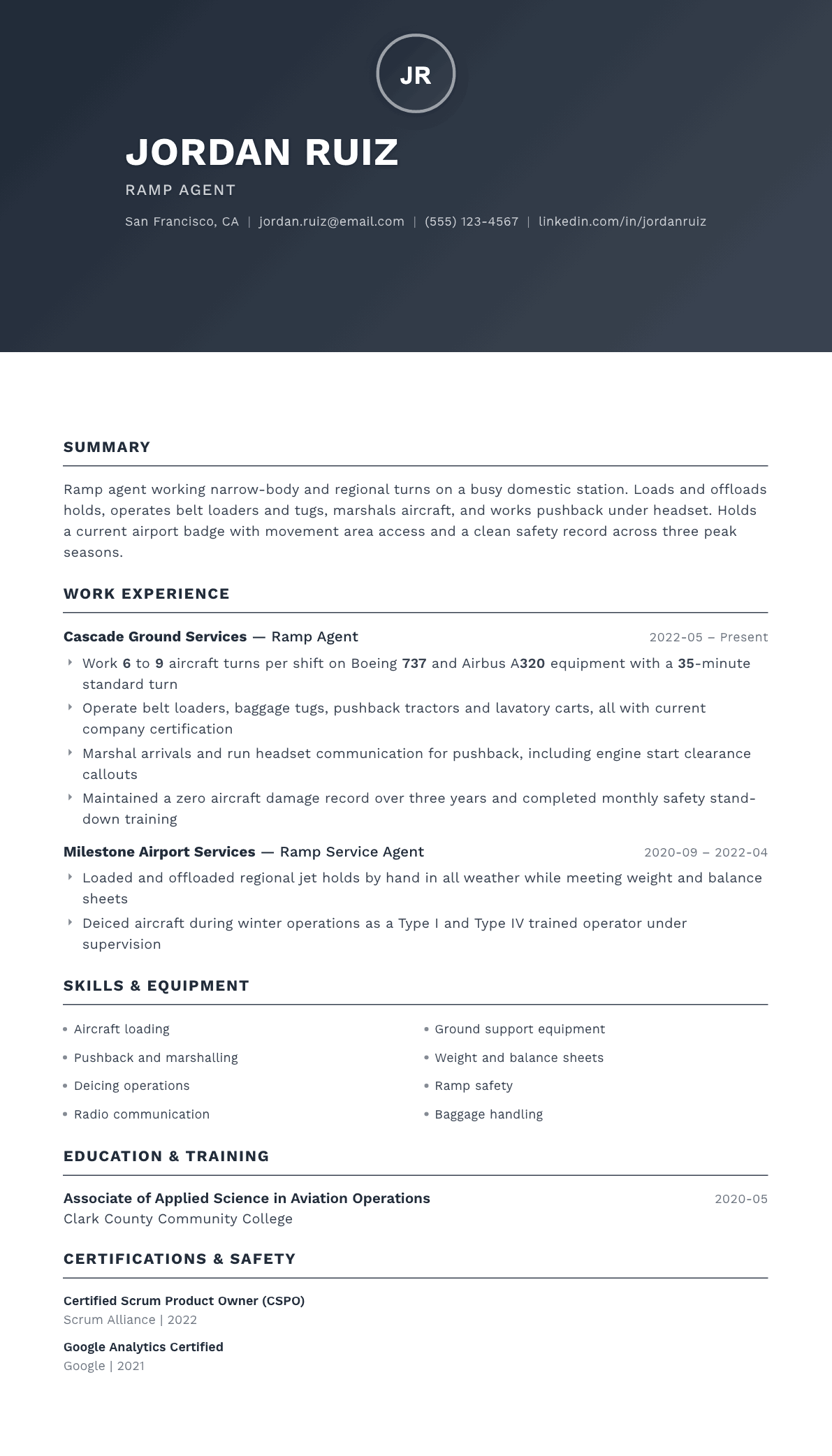 Ramp Agent resume example, Foundation template