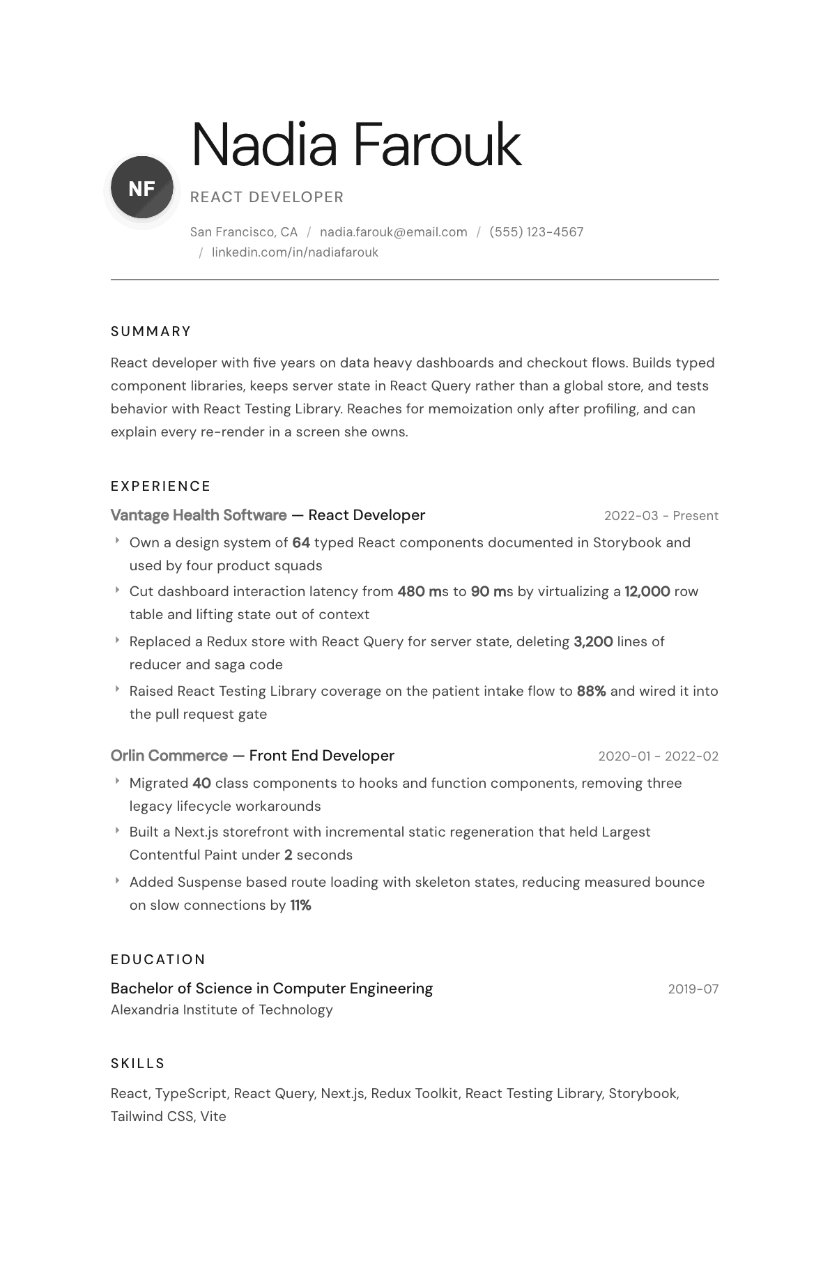 React Developer resume example, Whisper template