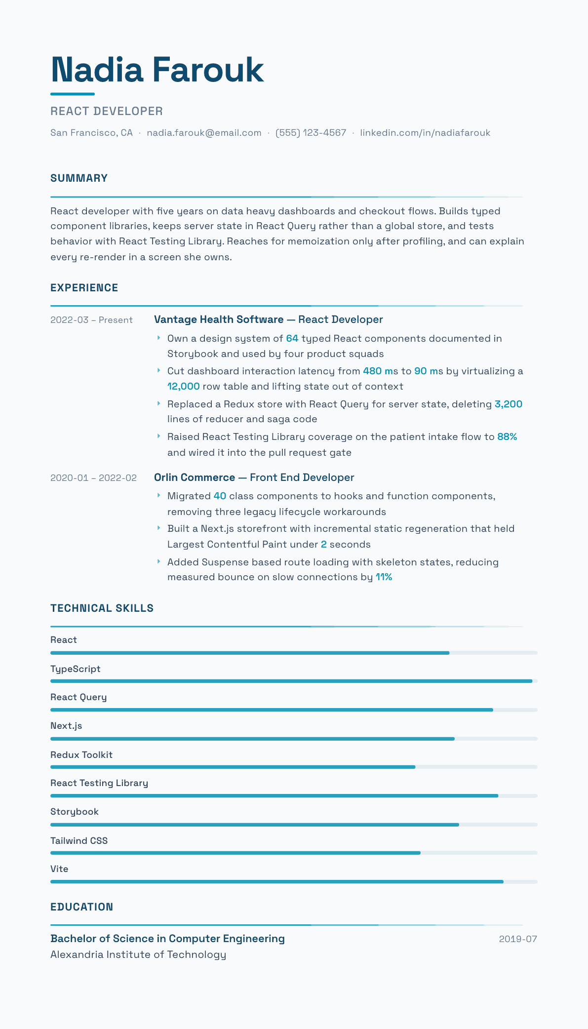 React Developer resume example, Velocity template
